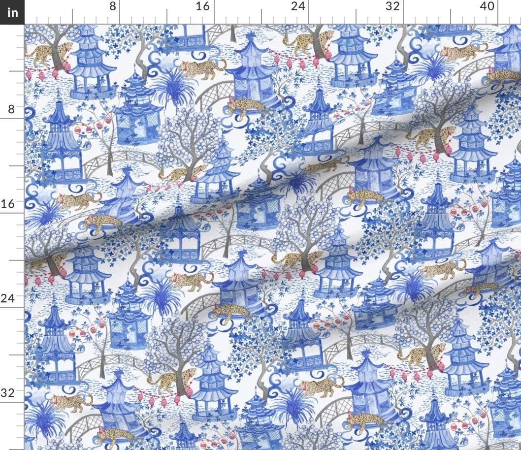 Spoonflower Fabric - Pagoda Forest Chinese Chinoiserie Lanterns Leopard Blue White Toile Printed on Petal Signature Cotton Fabric by The Yard - Sewing Quilting Apparel Crafts Decor