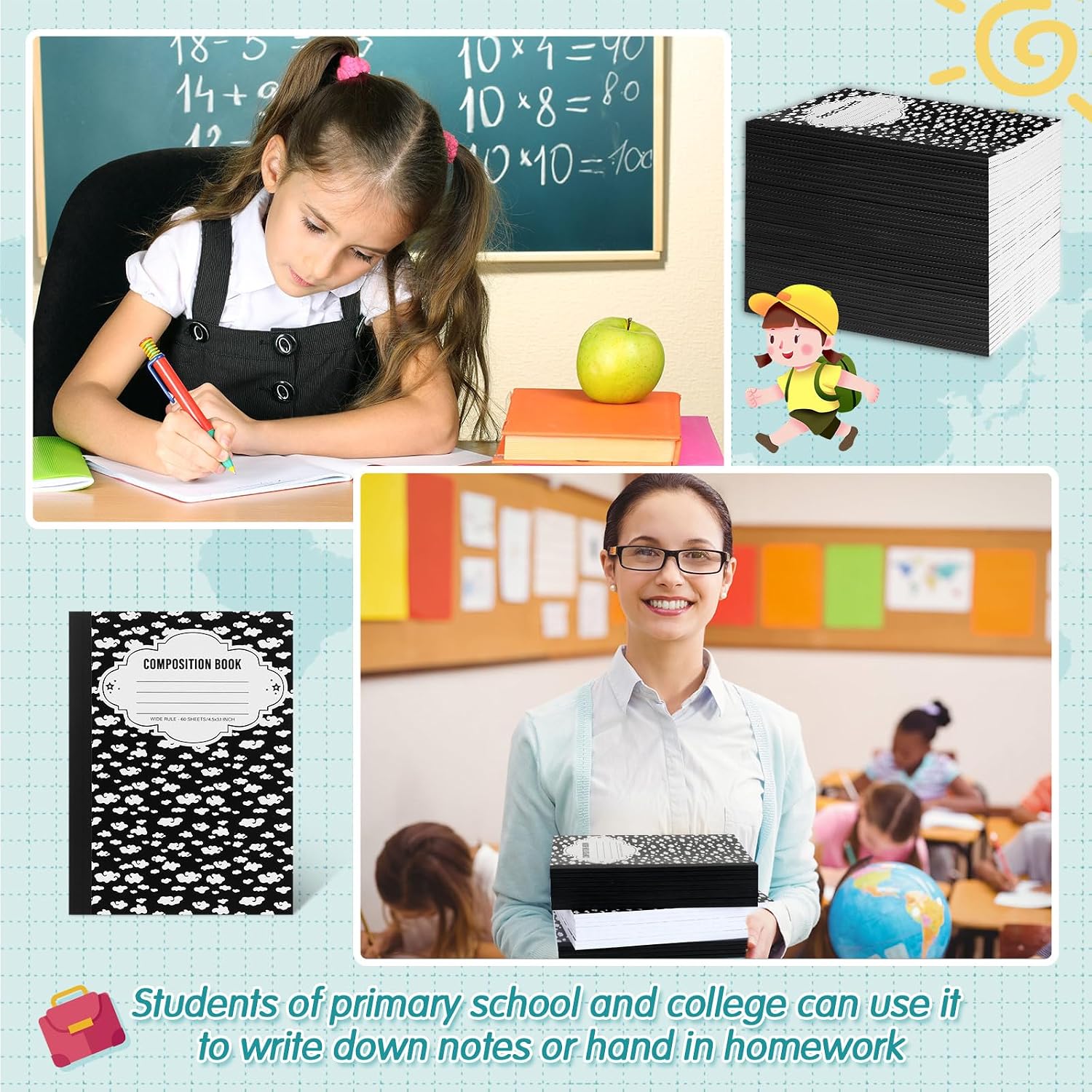 Colarr Composition Notebook Bulk 7" x 10" 100 Pages Narrow Ruled Cute Pocket Composition Note Pad Journal Notebooks for Kids Students College School Office Supplies(48 Pack)