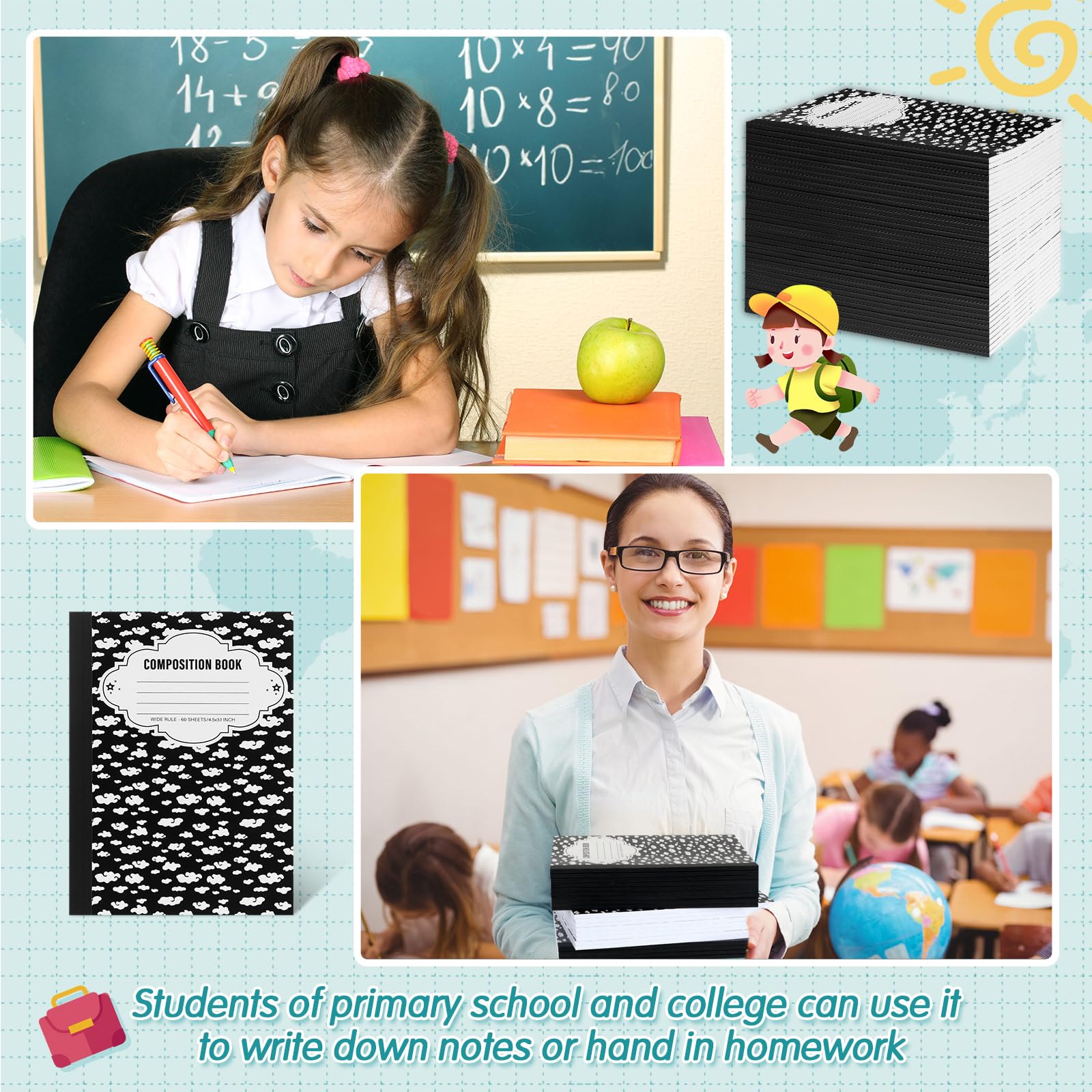Colarr Confezione da 48 quaderni per composizione, 17,8 x 25,4 cm, a righe strette, carino, tascabile, per bambini, studenti, università, scuola, casa, ufficio