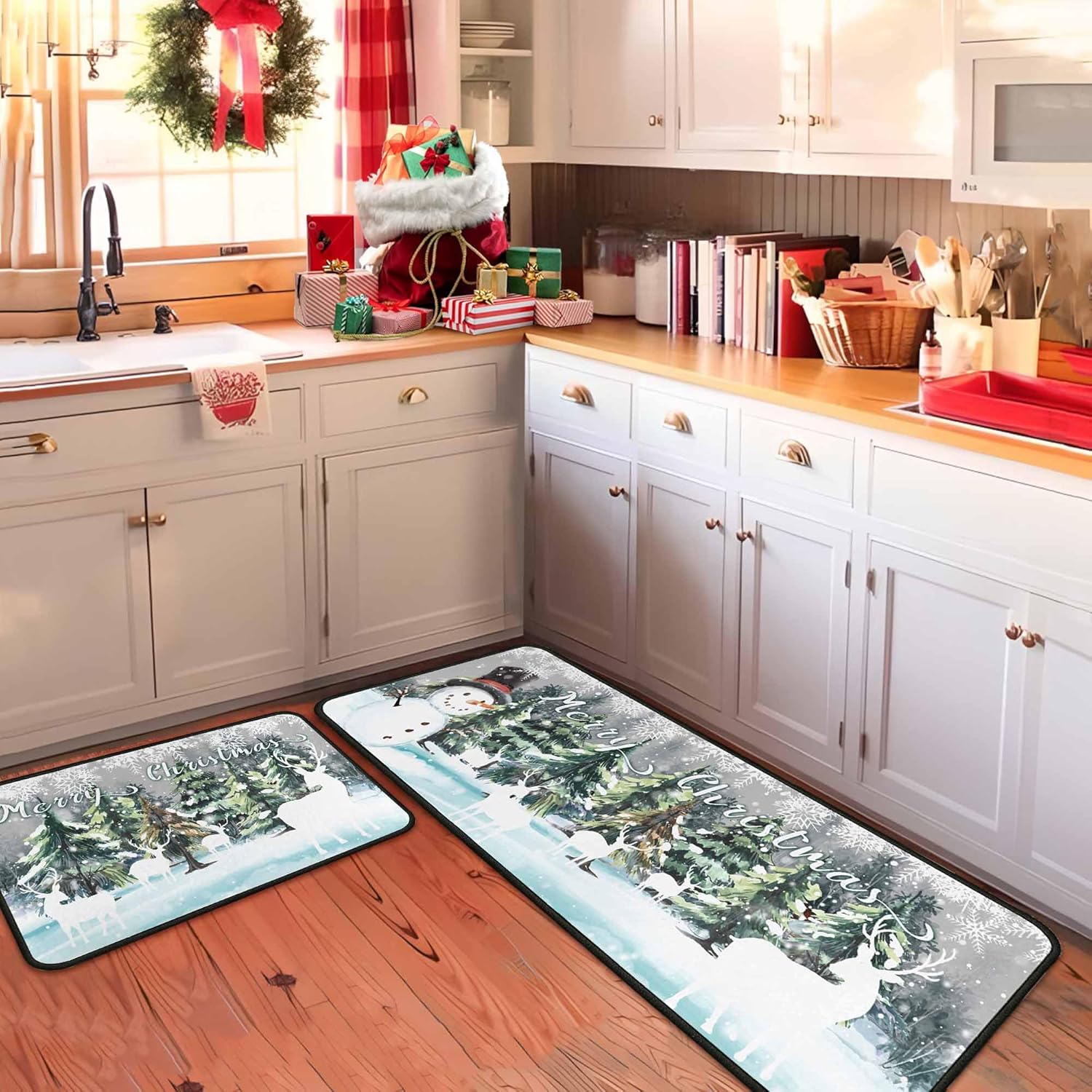 Green Christmas Kitchen Mats Set of 2, Xmas Decor Non Slip Backing Deer Snowman Rugs Winter Kitchen Rug Christmas Decorations for Home Seasonal Low-Profile Kitchen Floor Mat 17"X47"+17"X30"
