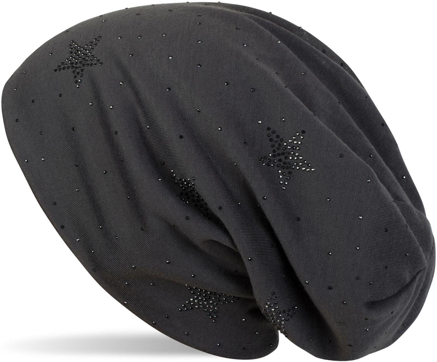 Stylebreaker Women's Anthracite Beanie Hat With Rhinestone Stars And All-Over Rhinestones, Slouch Long Beanie, 04024116, Colour: