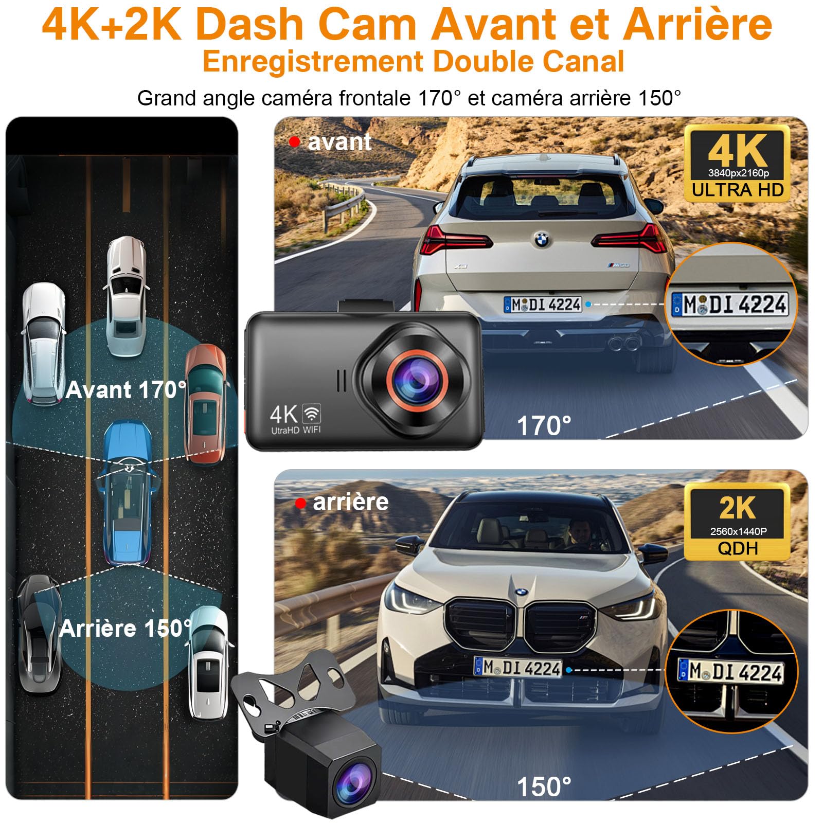 Dashcam Voiture Avant Arriere: 4K+2K 5G WiFi Camera Voiture Embarquée - Écran HD 3" avec App Contrôle Carte SD 64G Vision Nocturne - Convient à Tous Les Véhicules Installation Facile