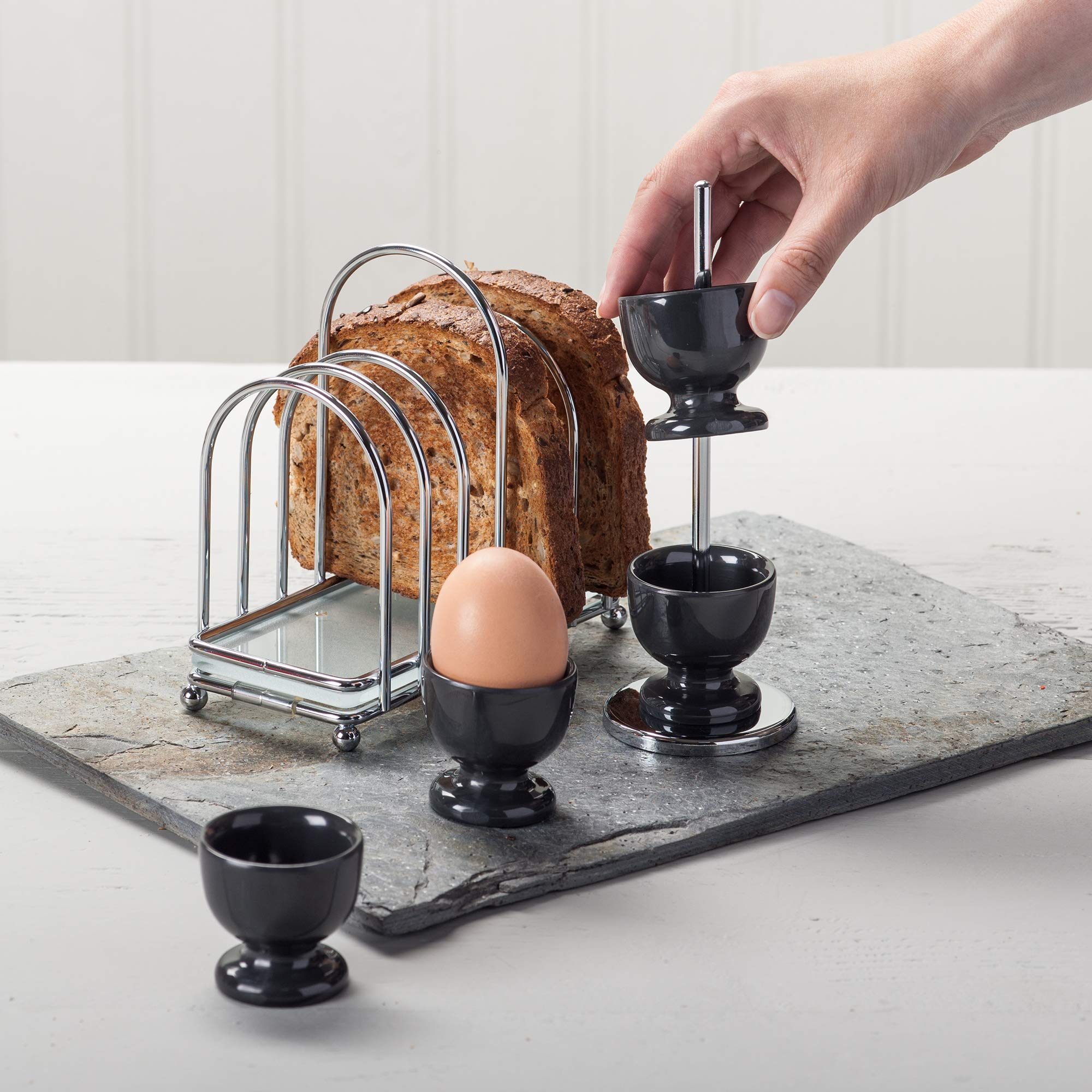 Zeal BASET9T Breakfast Set Set of 4 Melamine Stacking Egg Cups on Stand with Chrome and Glass 6 Piece Toast Rack, Dark Grey - Image 4