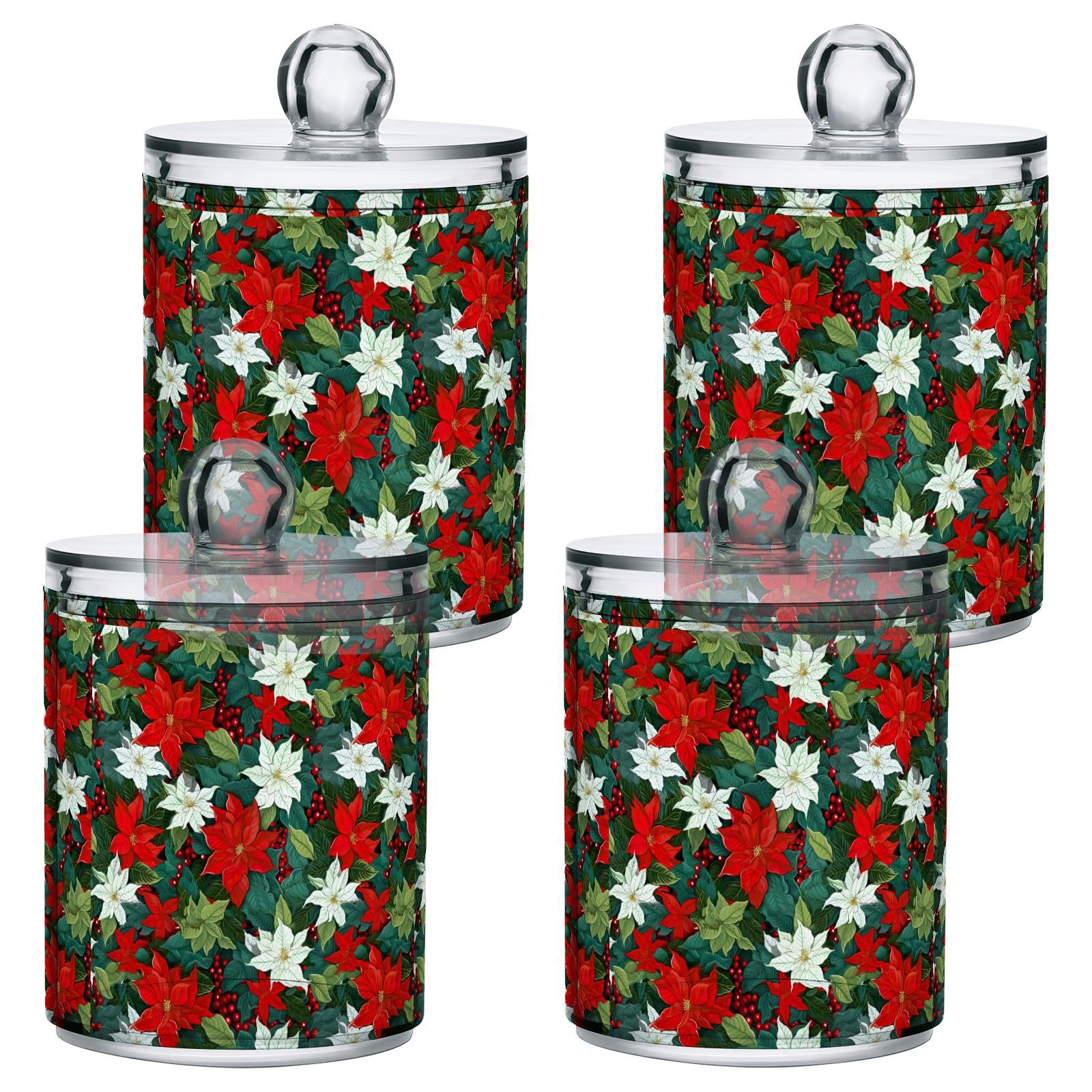4 Pcs Christmas Xmas Poinsettia Flower 10 OZ Qtip Holder Dispenser for Cotton Ball Cotton Swab Cotton Round