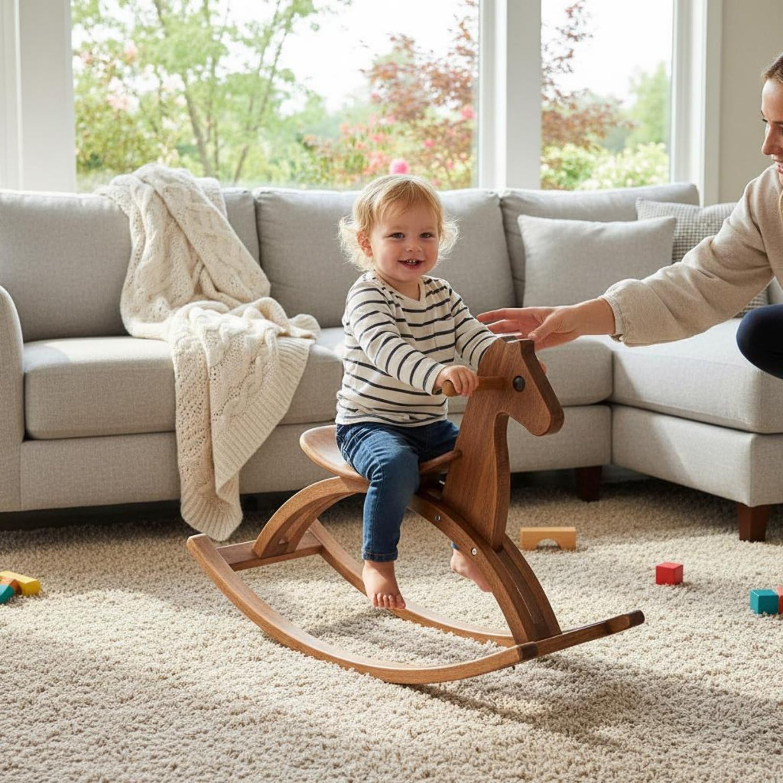 Sedia a Dondolo per Bambini Giocattolo a Dondolo Cavalluccio in Legno Seggiolina Dondolante Poltroncina Dondolante con Design Curvo Minimal E Venature, color to 1