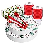 bUCLA 175pcs Christmas Plastic Plates - Christmas Plates Disposable with Red Silverware, Red Cups and Paper Napkins Berries and Holly Leaves for 25 Guests for Xmas Party