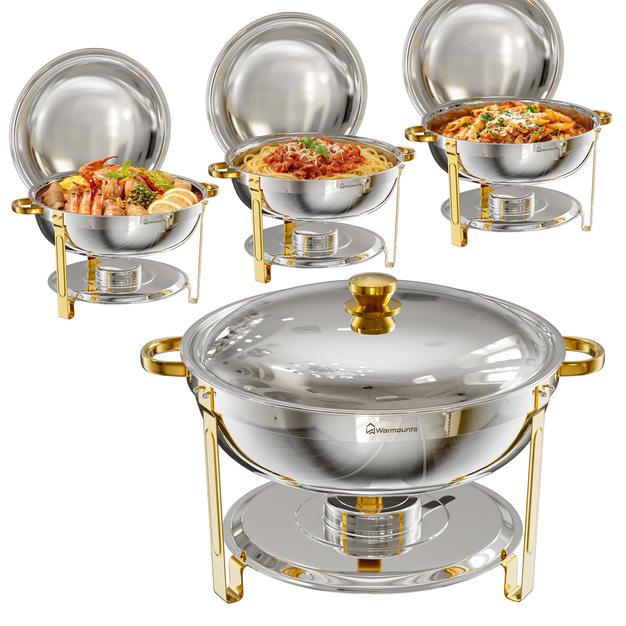 WARMOUNTS Chafing Dishes for Buffet Set 8,5L 4 Pack, Round Food Warmer for Catering Buffet with Lid Holder, Rolled-Rim Stackable Catering Chafers Serving Dishes for Party, Wedding & Events