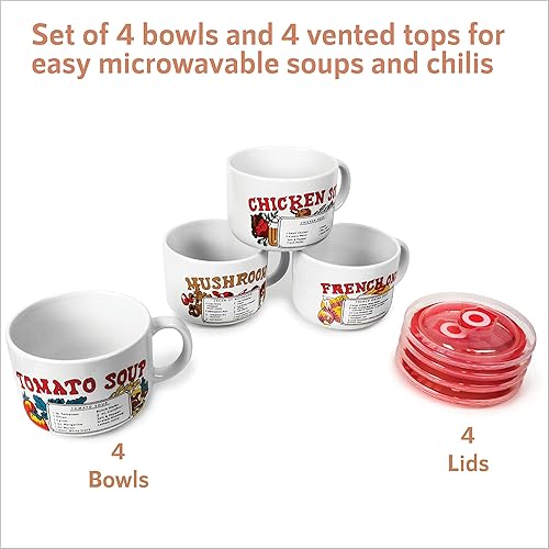 Miniatura 4 de Old & Bold - 4 tazones de sopa de 27 onzas con tapas. Tazas de cerámica retro para recetas de sopa con tapas y asas ventiladas. Paquete de 4