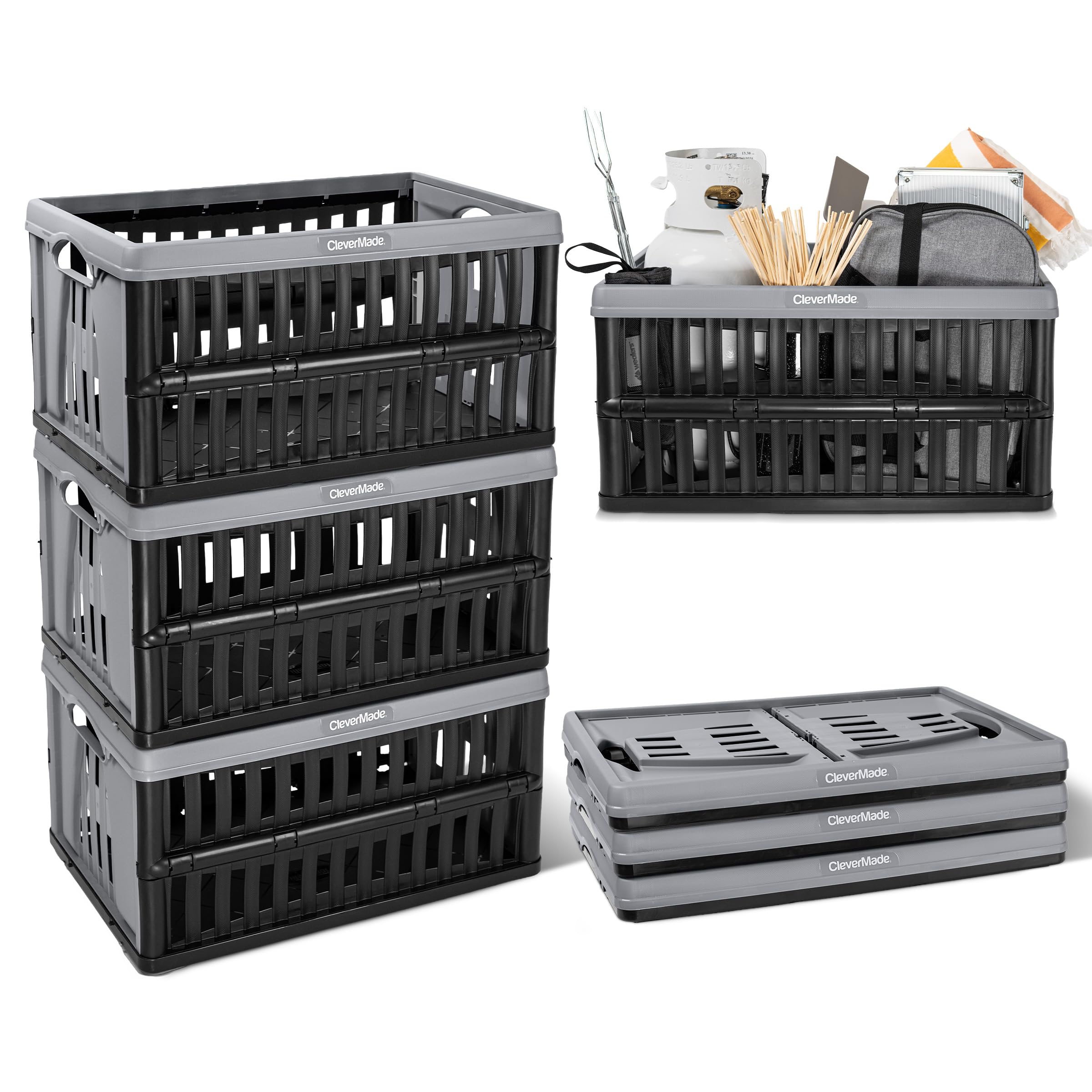 CleverMade Collapsible Utility Crates For Storage, 60L 3 Pack, Stone