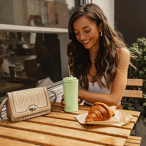 Miniatura 6 de BOTTLE BOTTLE Vasos de café aislados con tapa de doble uso y pajita, taza de café de viaje con doble pared para mujer y hombre, vaso de acero