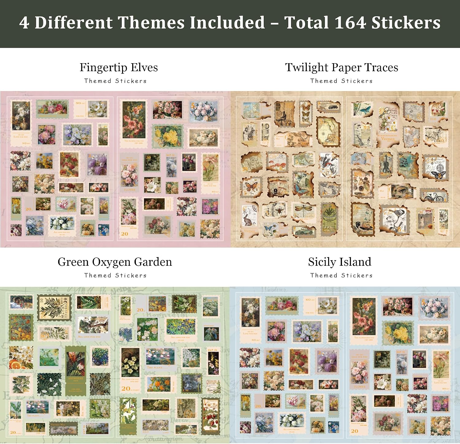 164 Vintage Postage Stamp Stickers for Junk Journal Scrapbook, Journaling Scrapbooking Supplies Sticker, Aesthetic Botanical Stickers for DIY Crafts Collage Album-C05