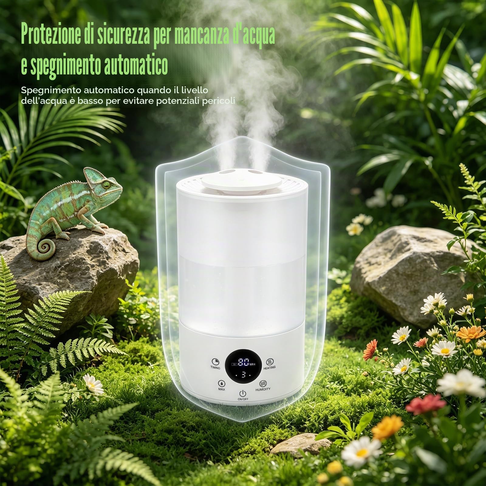 Umidificatore per rettili, 4 l, nebulizzatore per terrario con sensore di umidità, timer, doppio tubo estensibile, ultra silenzioso, grande macchina per nebulizzazione per rettili anfibi piante