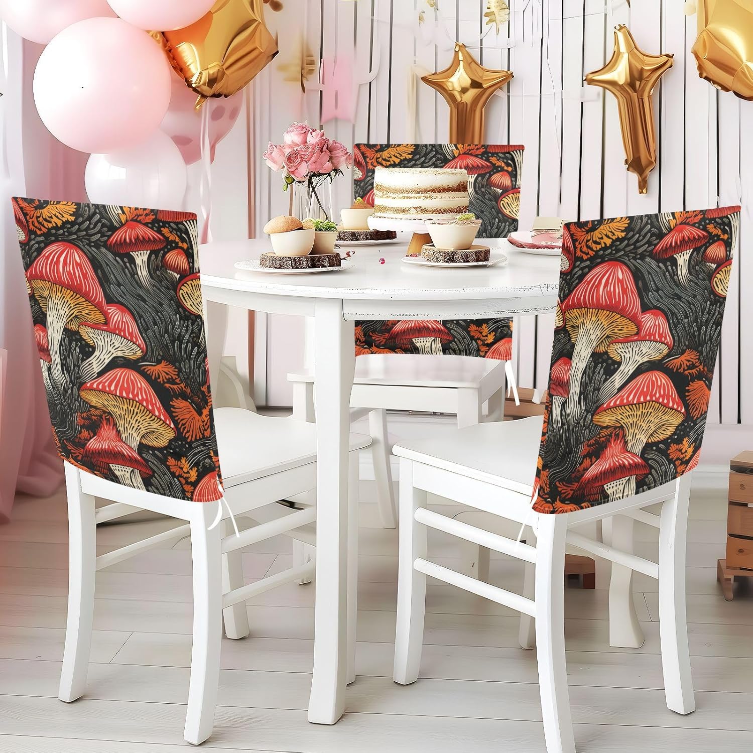 ALAZA Vintage Mushrooms and Leaves Chair Back Cover Set of 6, Washable Reusable Removable Chair Slipcovers Decorative Chair Cover for Home Kitchen Wedding Party