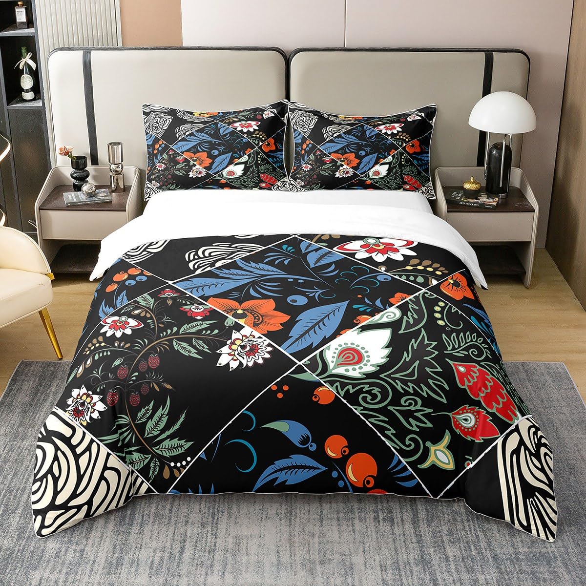 richhomeExotic Flowers 100% Nature Cotton Duvet Cover Super King,Watercolor Botanic Blossom Soft Bedding Set,Vintage Country Splicing Geometry Comforter Cover Bedding (No Comforter)