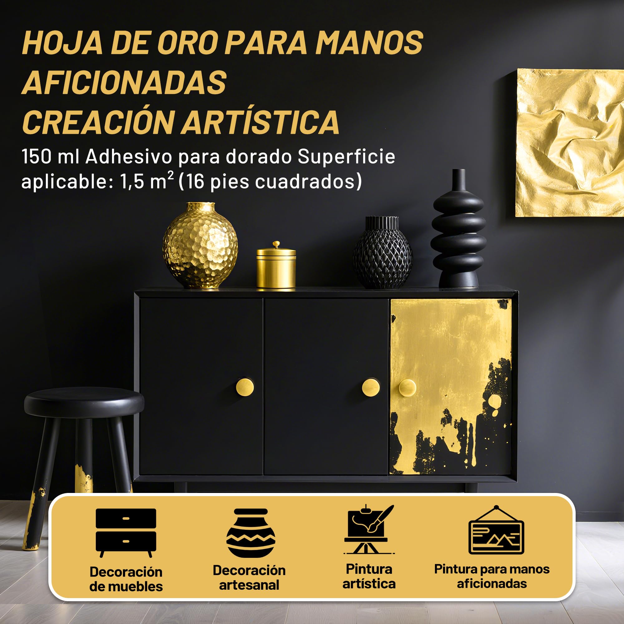 Set de adhesivo para dorado, Wadities 150ml de adhesivo y barniz a base de agua, 100 láminas de pan de oro y 100 láminas de oro champán para decoración de muebles y artesanía artística, decorativa DIY