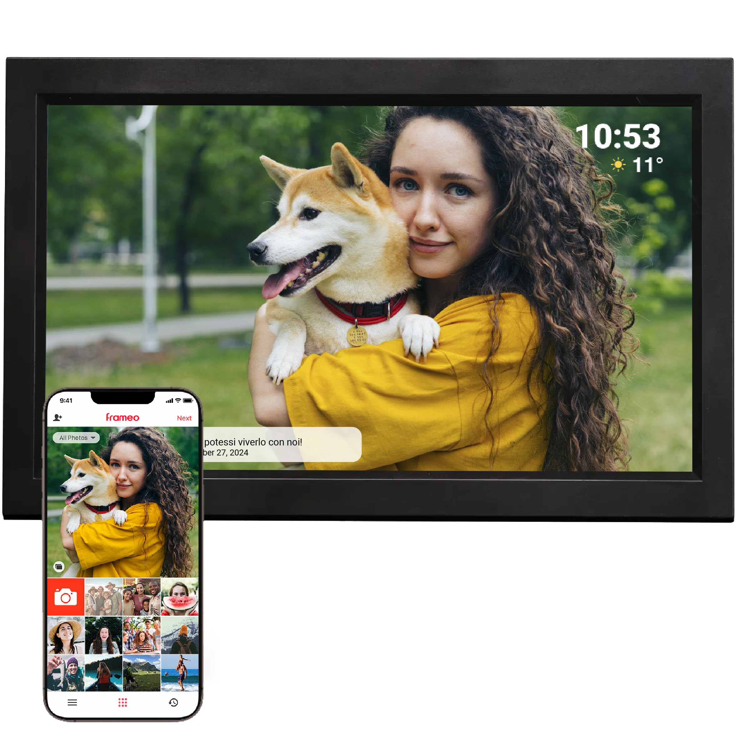 Cornice Digitale 15 Pollici WiFi - Schermo IPS Full HD 1920x1080 - Portafoto Digitale Frameo Denver per Foto e Video - Cornice Elettronica Touchscreen Smart - 16GB Memoria - Slot microSD - Nera