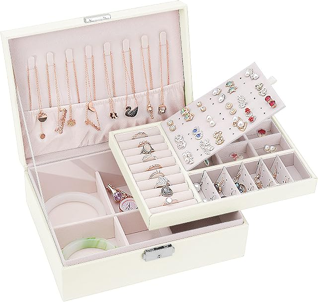 Jewellery Box Organiser for Girls Women, Mardiko 2-Layer Lockable Large PU Leather Jewelry Storage Case for Necklaces Rings Earrings Bracelets (White)
