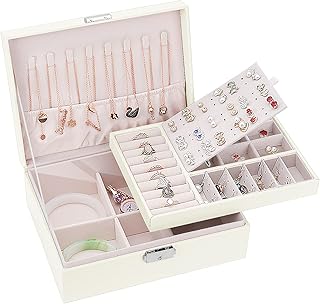 صندوق منظم مجوهرات بتصميم حافظة تخزين كبيرة من جلد صناعي بطبقتين، قابلة للقفل لسلسلة وخواتم وحلقان واساور، للبنات والنساء، من مارديكو (أبيض)