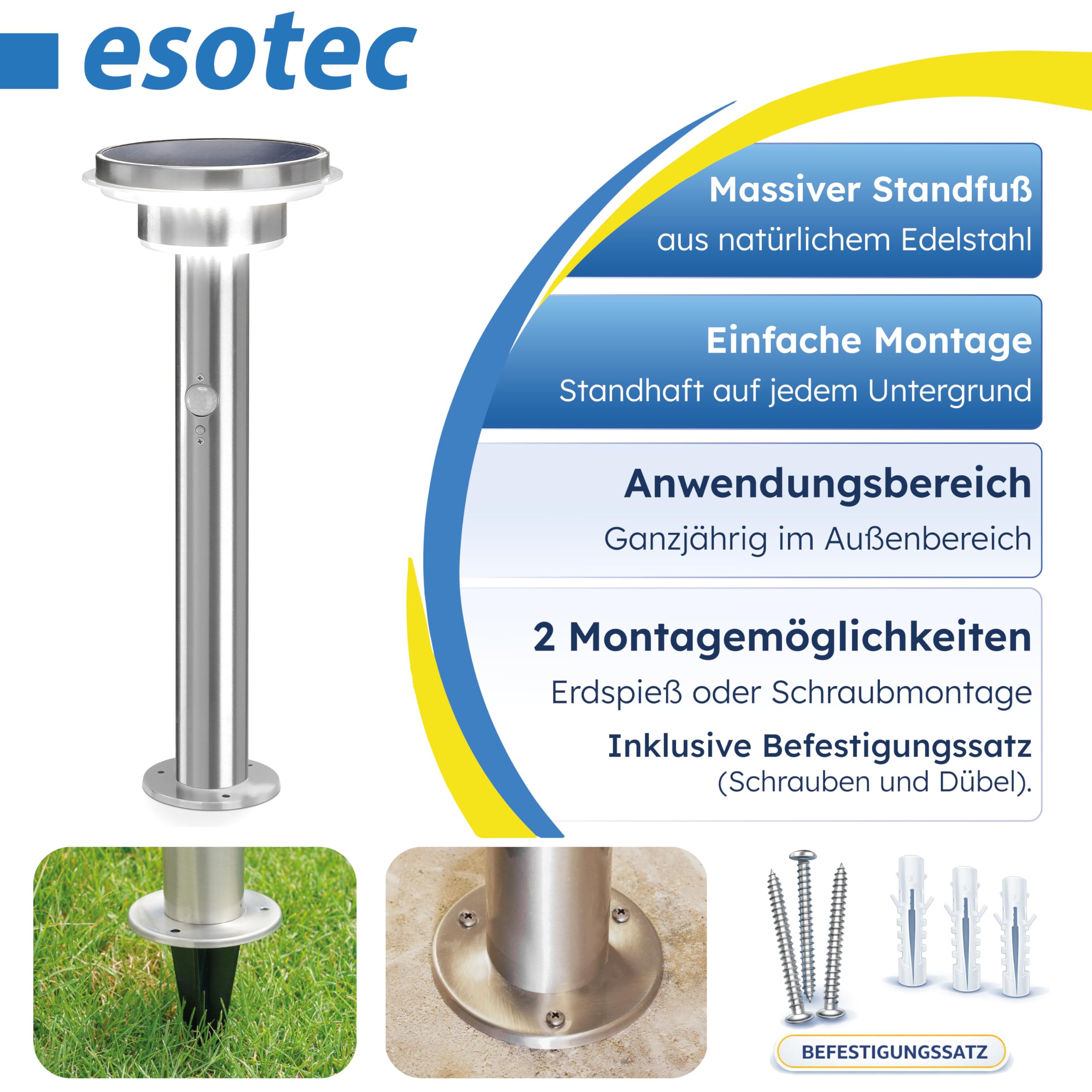 esotec Solarlampen für außen Solarleuchte Tini mit Bewegungsmelder, Gartenbeleuchtung Edelstahl H=45,5cm, 3 Betriebsmodi, 600lm, 102596