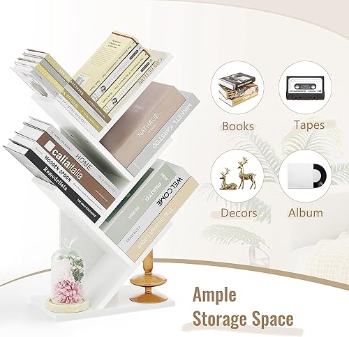 Miniatura 8 de Hoctieon Estantería de árbol de 4 niveles, estantería de 4 estantes, estantería de árbol de pie independiente, estante de pie para libros, estantes
