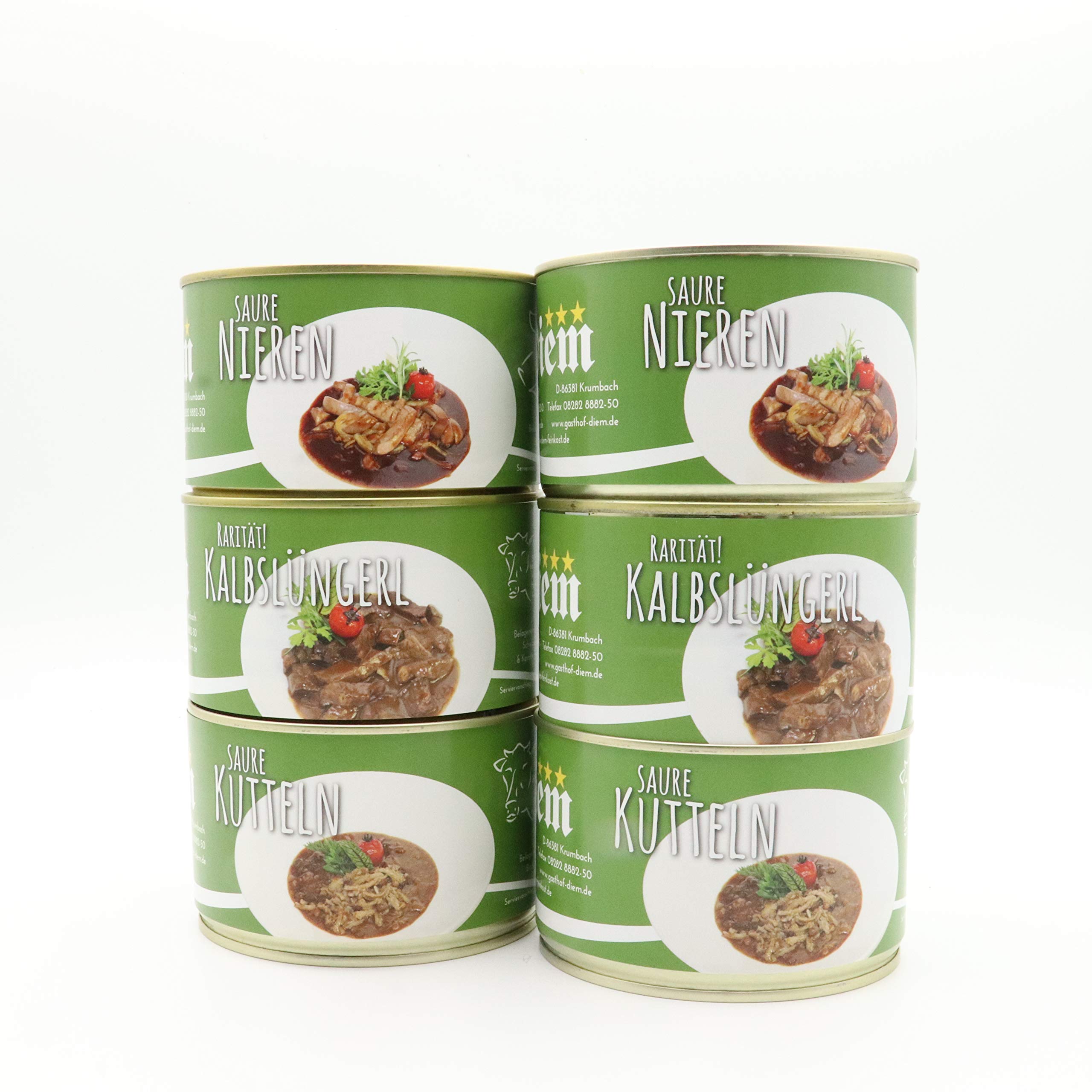 Diem Innereien Paket (Kalb & Schwein) (2 x Saure Nieren vom Schwein / Landschwein, 2 x Saure Kutteln vom Kalb / Milchkalb, 2 x Saure Lunge vom Kalb / Saures Lüngerl ) 6 x 400g Konserve