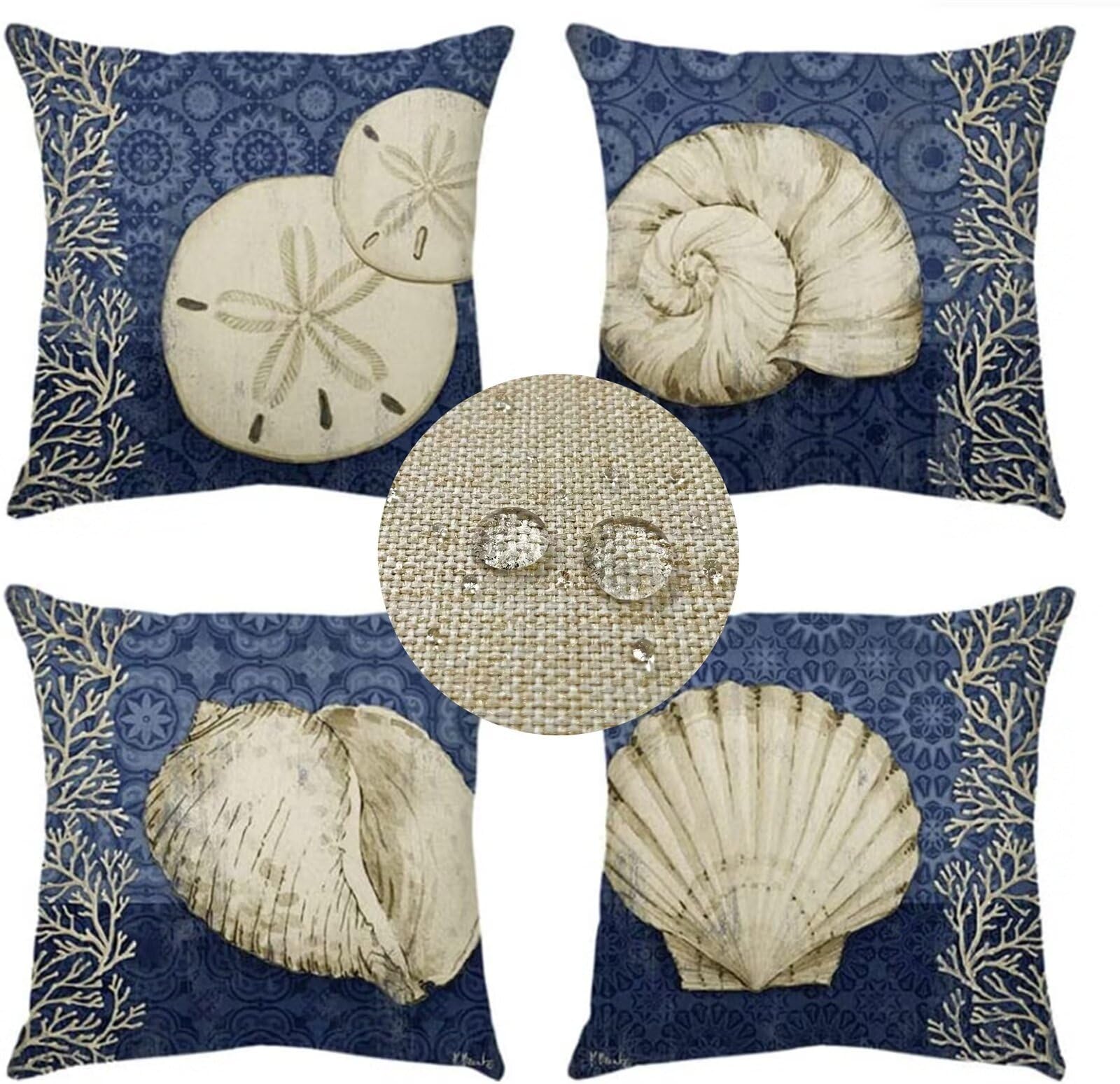 Federe Cuscini Divano 65x65cm Set di 4 Cuscini per Divano in Lino Cuscini da Esterno,Quadrato Doppio Lato Estate Impermeabili Conchiglia Cuscini Decorativi,per Divano Soggiorno Sedia-Bianco WS-4233