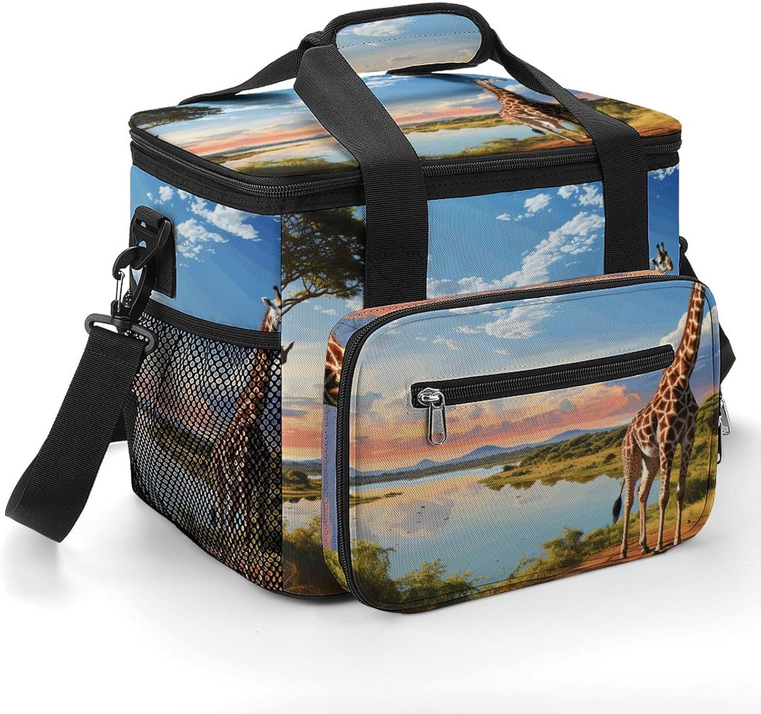 Camping Ice Pack, African Landscape with Nile River and Giraffe Print Cooler Bag, 22.5L Large Capacity Insulated Lunch Tote Bag for Outdoor, Picnic, BBQ, Travel, Work