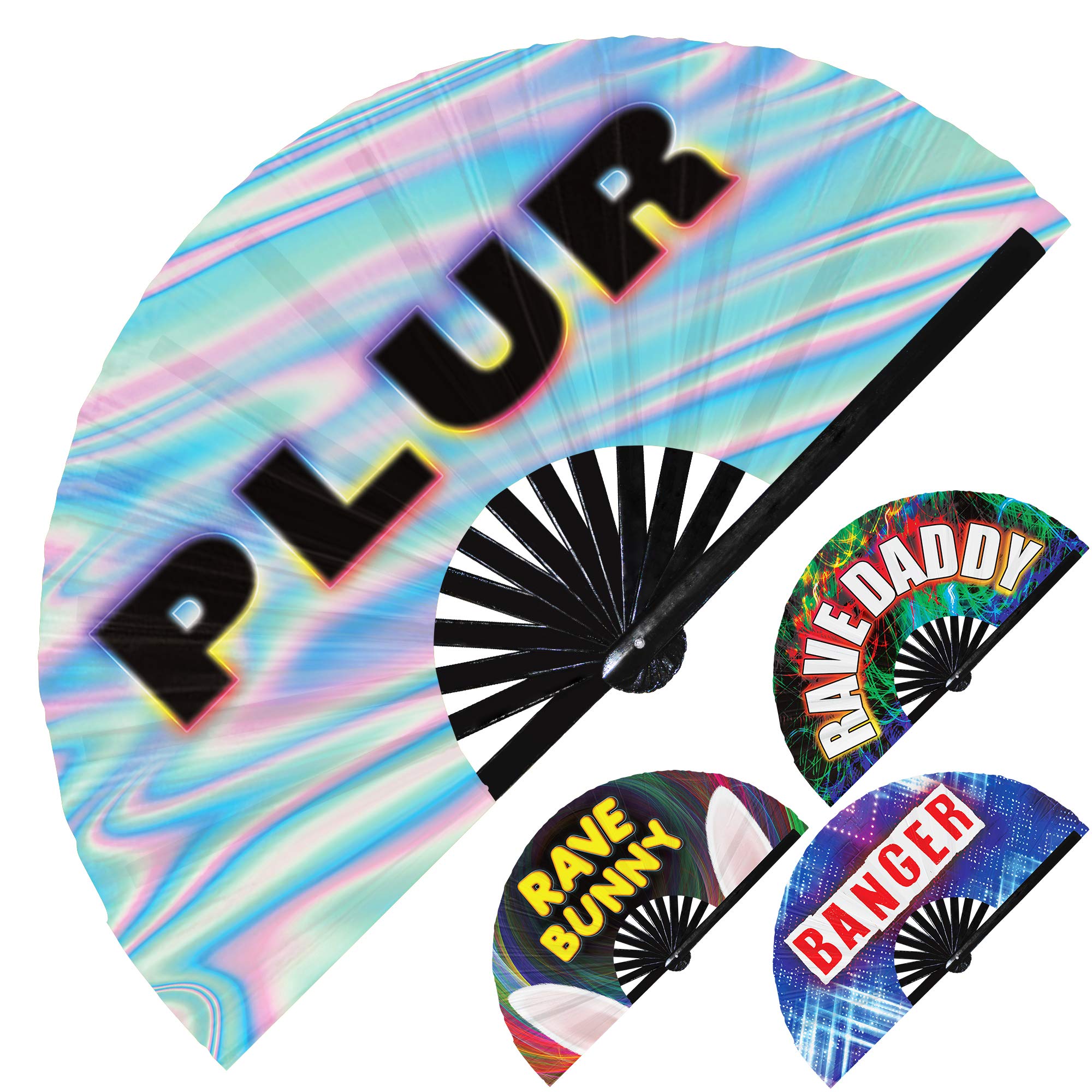 Rave EDM Festival UV Glow Hand Fan 1PC Plur Fan Rave Daddy Rave Bunny Eat Sleep Rave Repeat Full Send Banger Peace Lit AF Party Fan