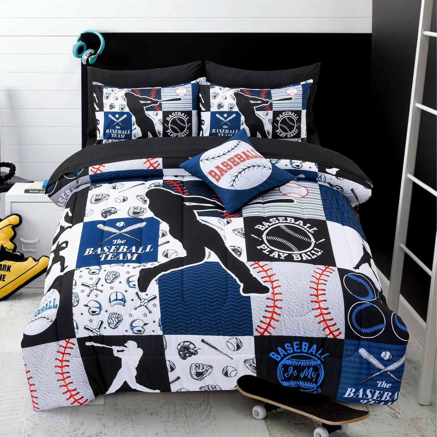 A Nice Night Sports Geometric Grid Black Patchwork Baseball Printed for Boys Queen 6Pcs Bed in A Bag Comforter Bedding Set,Blue Blue Queen-6PCS