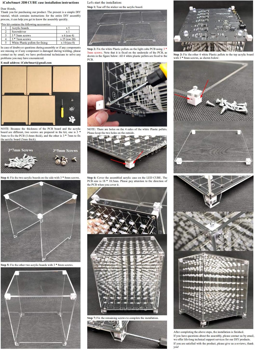 Detailed assembly instructions for iCubeSmart 3D LED Cube Acrylic Case