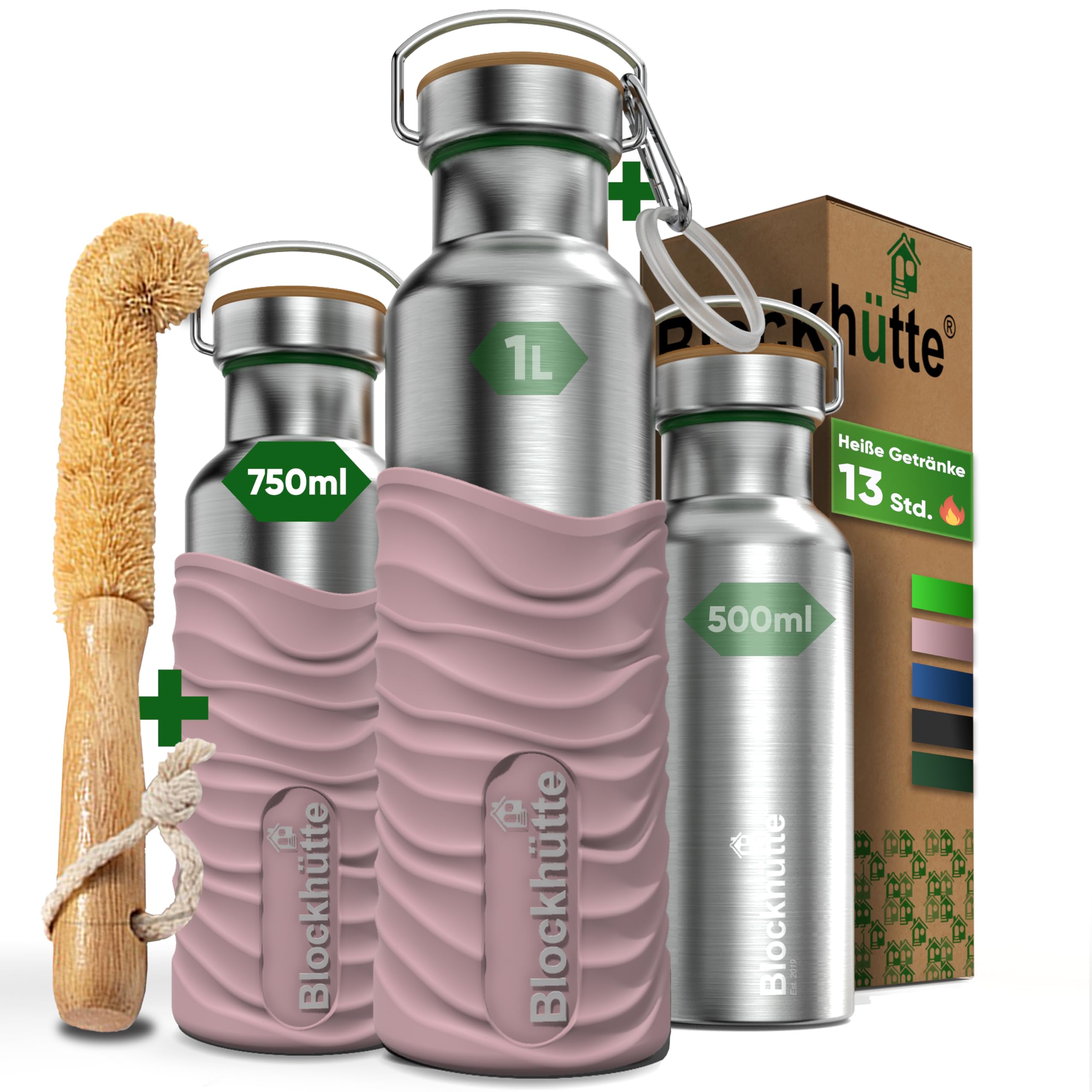Blockhütte Edelstahl Trinkflasche 750ml I Wasserflasche Kohlensäure geeignet I Auslaufsicher, BPA-Frei Metall Thermosflasche mit Silikonmantel I Isolierflasche für Kinder, Erwachsene, Sport