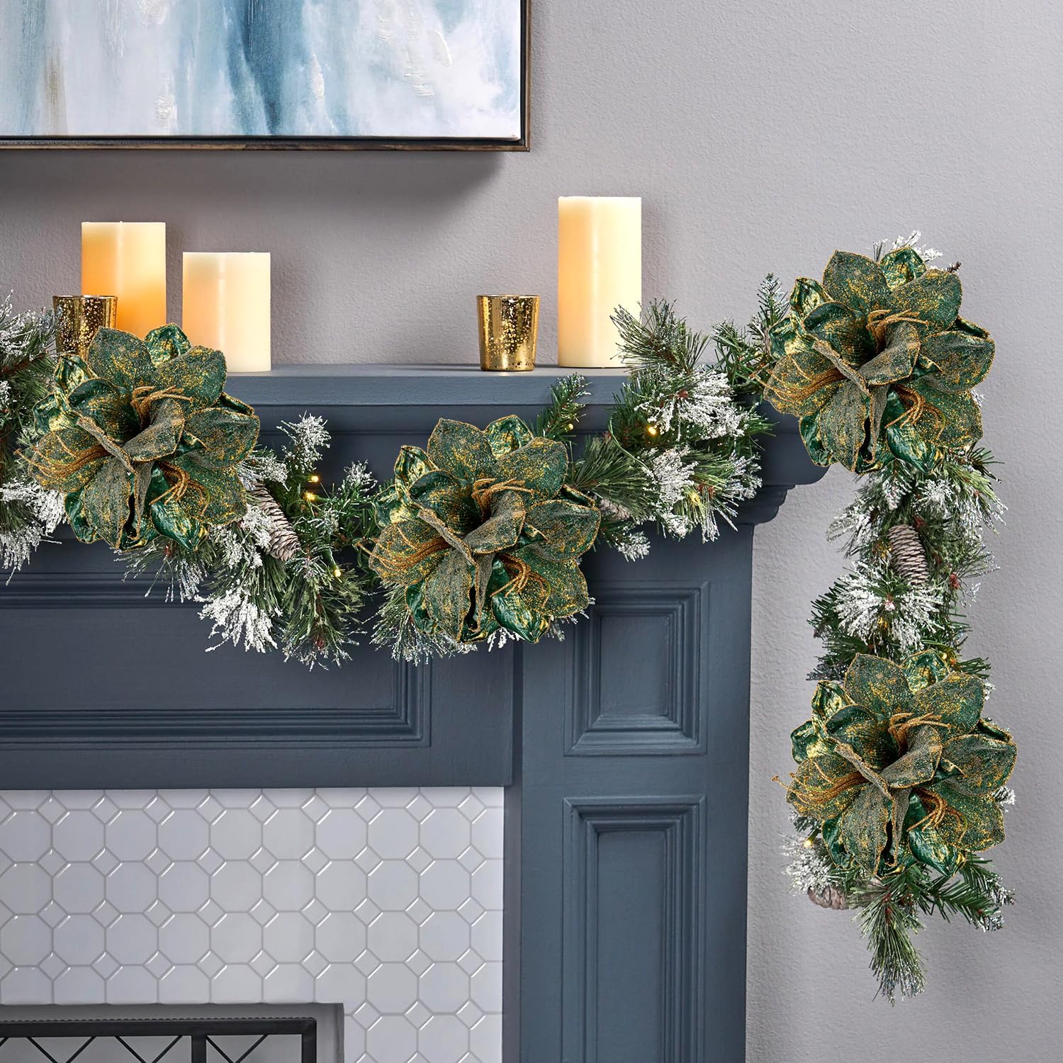 Briful 3PCS Christmas Glitter Poinsettia Flowers 3 Heads Large Artificial Amaryllis Floral Picks 24 Inch Long Stem Fake Flowers Ornaments for Christmas Tree Vase Table Centerpiece Decor (Green)