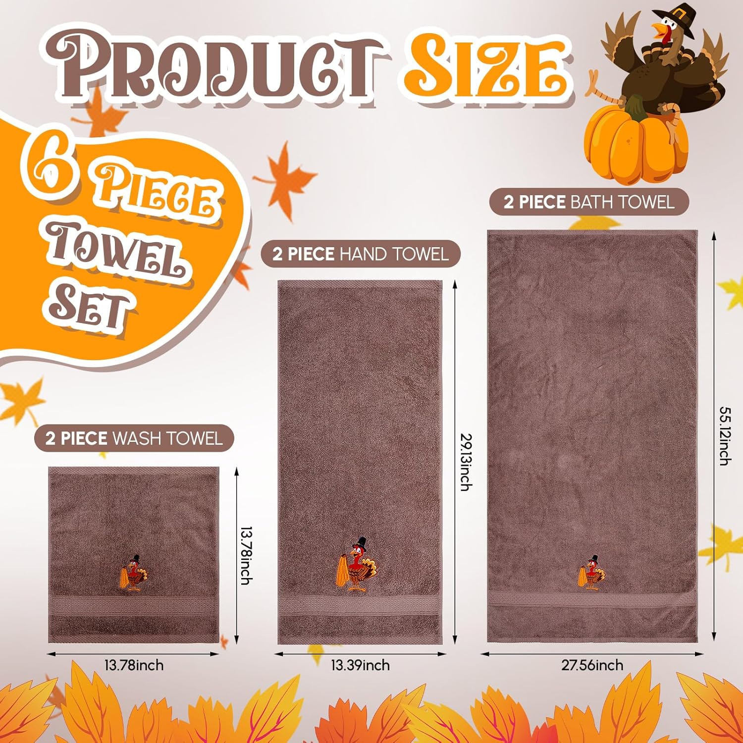 Peryiter 6 Pack Cotton Pumpkin Fall Bath Towels Set Contains 2 Bath Towels 28 x 55 Inch, 2 Hand Cloth 14 x 29 Inch, 2 Wash Coths 14 x 14 Inches for Fall Thanksgiving Autumn Orange Decoration