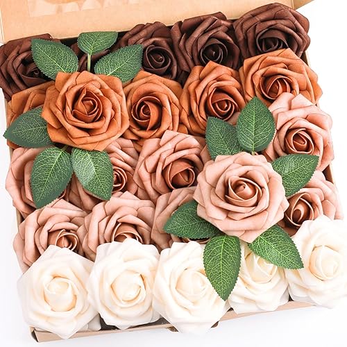 Miniatura 8 de Piklado 25 rosas artificiales color naranja degradado con tallos para ramos de boda, centros de mesa, arreglar decoraciones (degradado naranja)