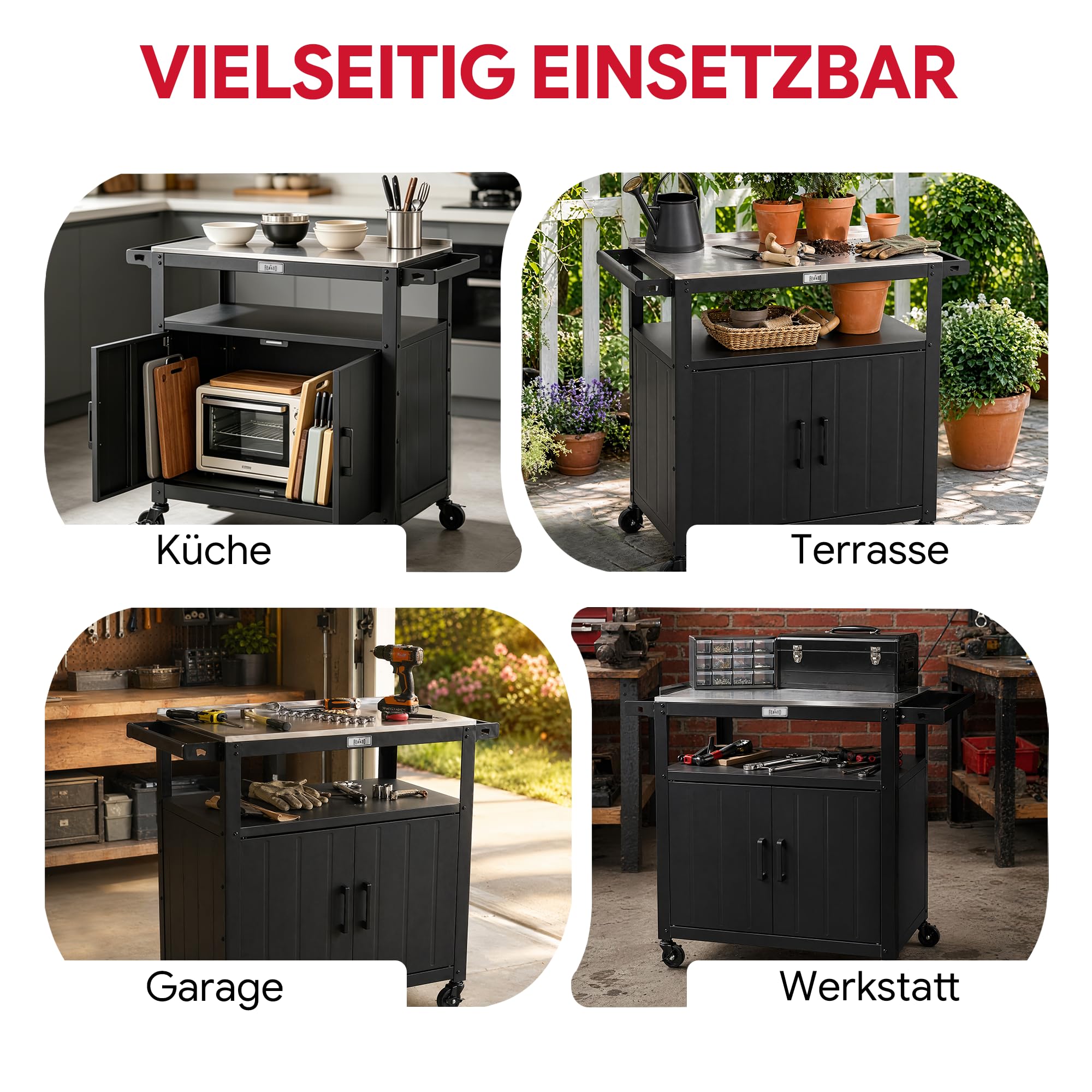 Feasto Servierwagen mit Rollen, Grillwagen mit Schrank, Edelstahlplatte, Outdoor Küche für Terrasse & Garten, 100x45x89,5 cm
