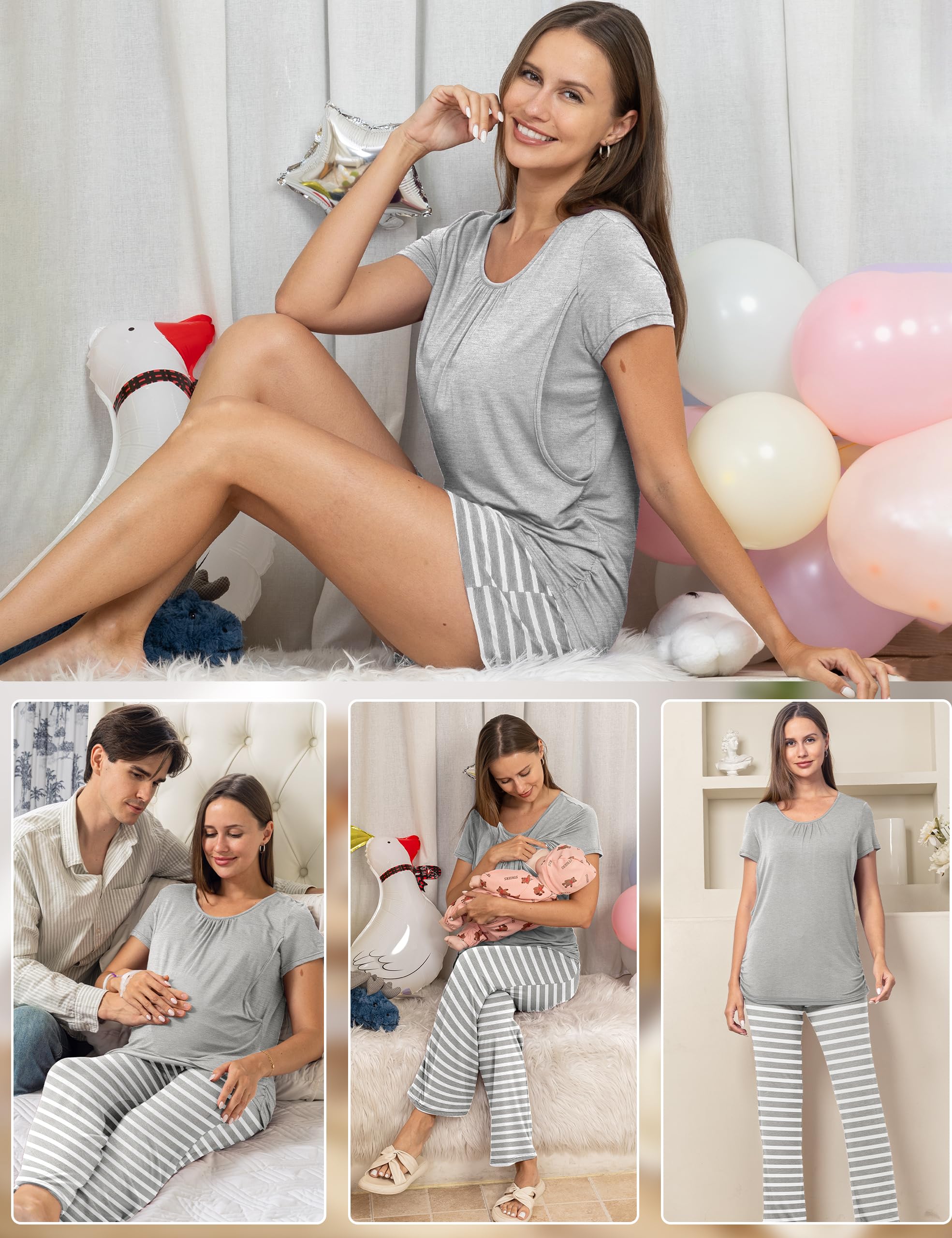 SUNNYBUY Pigiama Premaman per Donna 3 Pezzi – Maglietta Allattamento a Maniche Corte, Pantaloncini e Pantaloni Premaman, Grigio&Righe XL