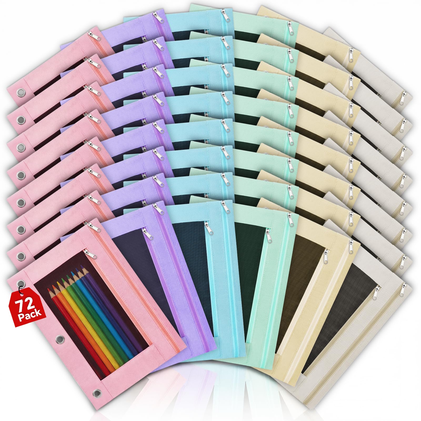 Lanpn 72 Pcs Pencil Pouch for 3 Ring Binder, 2 Pocket Zipper Binder Pouch Bulk, Pastel Binders Pencil Case, School Supplies for Boy Girl Student, Reinforced Grommets, Clear Window, Micro Mesh