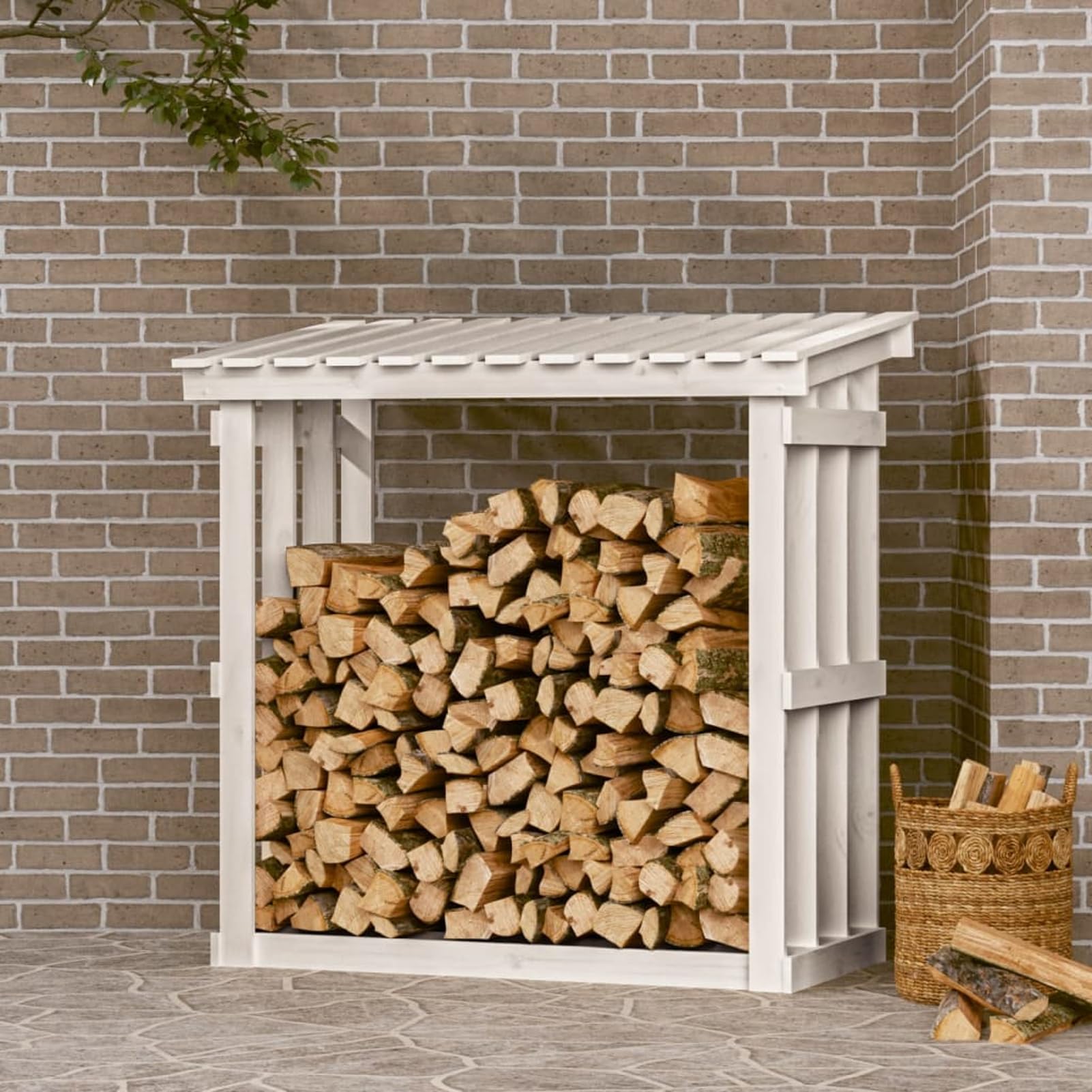 ATOMSTACK MAKER Kaminholzregal aus massivem Kiefernholz, rustikal-weiß, 108 x 64,5 x 109 cm – Brennholzlager mit Luftzirkulation für trockenes Holz, ideal für Kamin, Ofen & Wohnzimmer