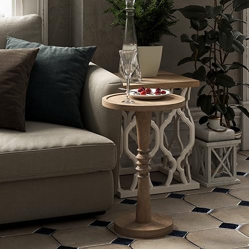 Miniatura 6 de LONYKE Mesa auxiliar redonda de pedestal para beber, bandeja de granja, mesa auxiliar de madera Samll para sala de estar, acabado envejecido, color