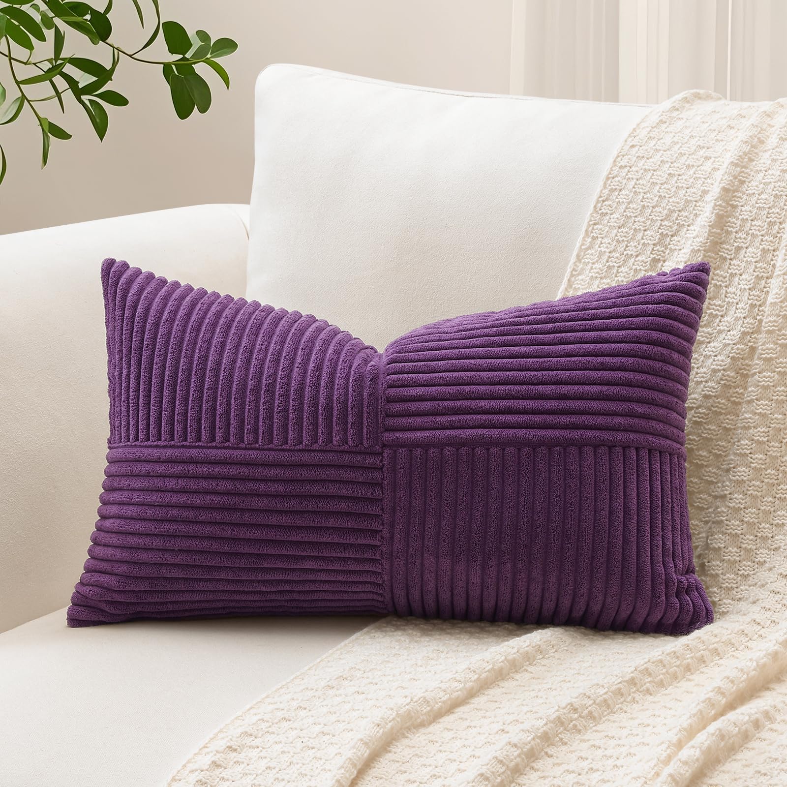 OTOSTAR Set of 1 Decorative Throw Pillow Cover Soft Corduroy Solid Lumbar Pillow Case Boho Striped Cross Patchwork Textured Cushion Cover for Sofa Car