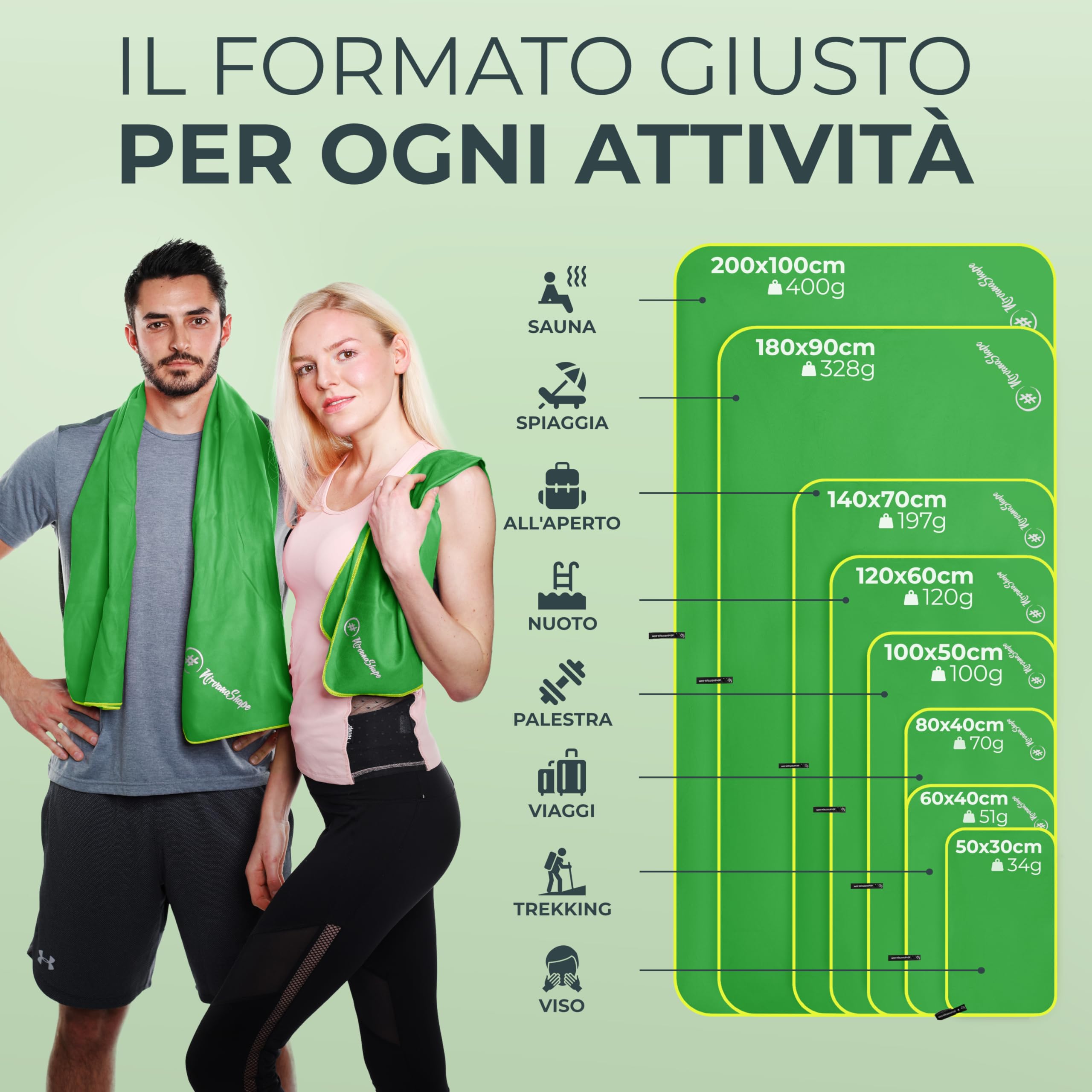 NirvanaShape Asciugamano Microfibra | 14 colori | 8 taglie | Asciugatura Rapida, Leggero, Assorbente | Asciugamano da Viaggio/Asciugamano da Bagno | Ideale per Viaggi, Spiaggia, Yoga, Sauna