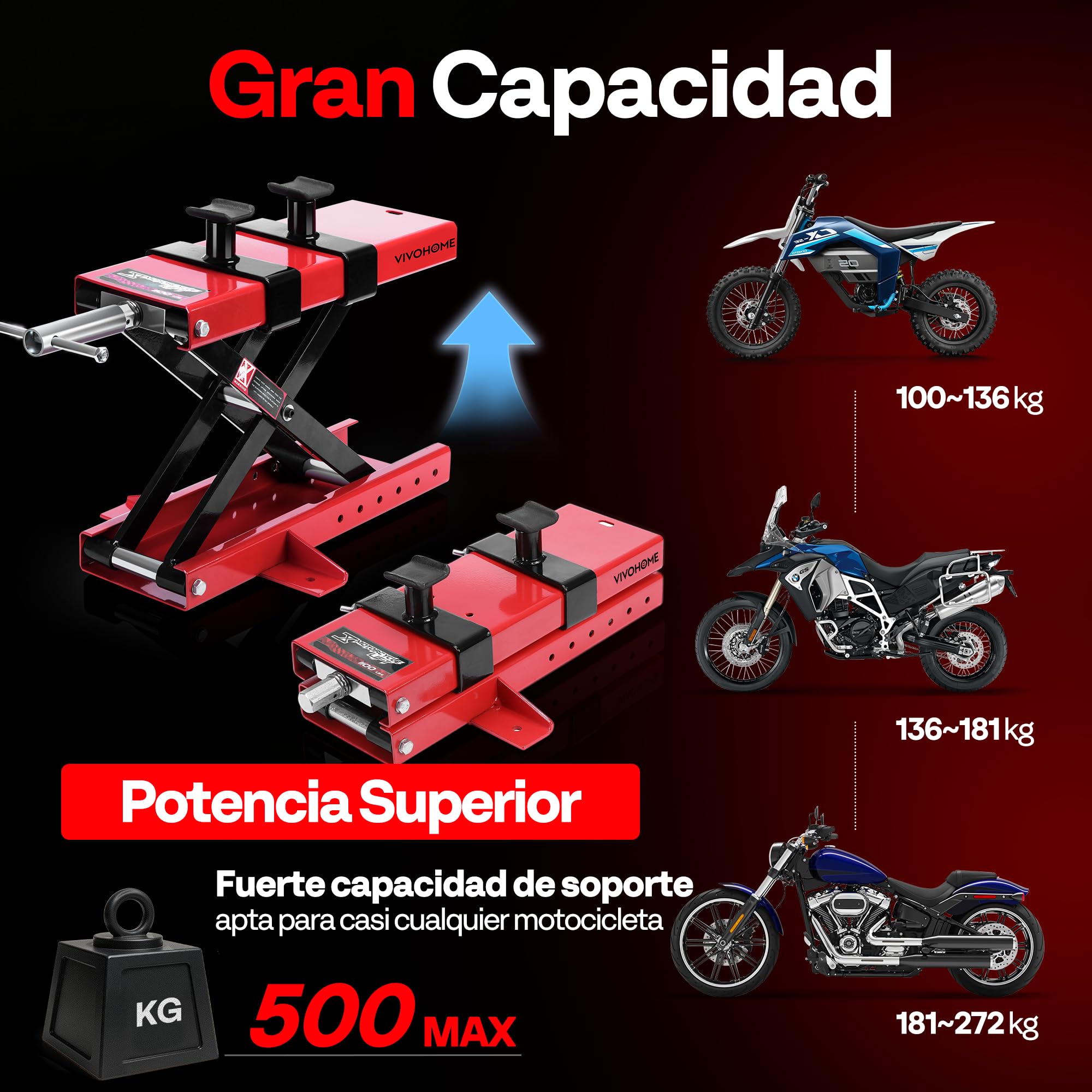 VIVOHOME Elevador Moto 500kg, Soporte para ATV con Plataforma de 14,6x9cm | Estructura de Acero Pesado con Diseño de Refuerzo Lateral para Mayor Estabilidad y Durabilidad Prolongada en el Taller