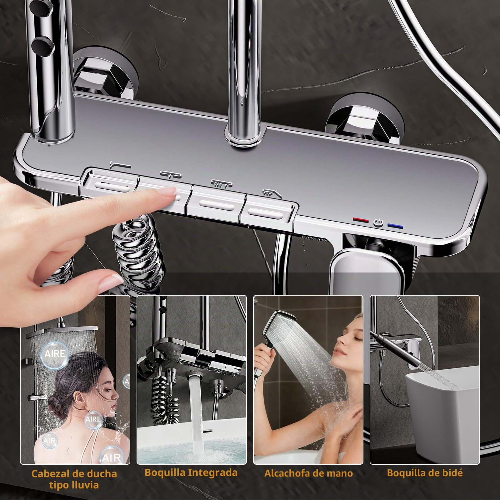 Columna de Ducha 4 en 1 Cromado, Duchas de Baño con Botones de Piano, Cabezal Cuadrado 31x20cm Efecto Lluvia, Latón y Acero Inox