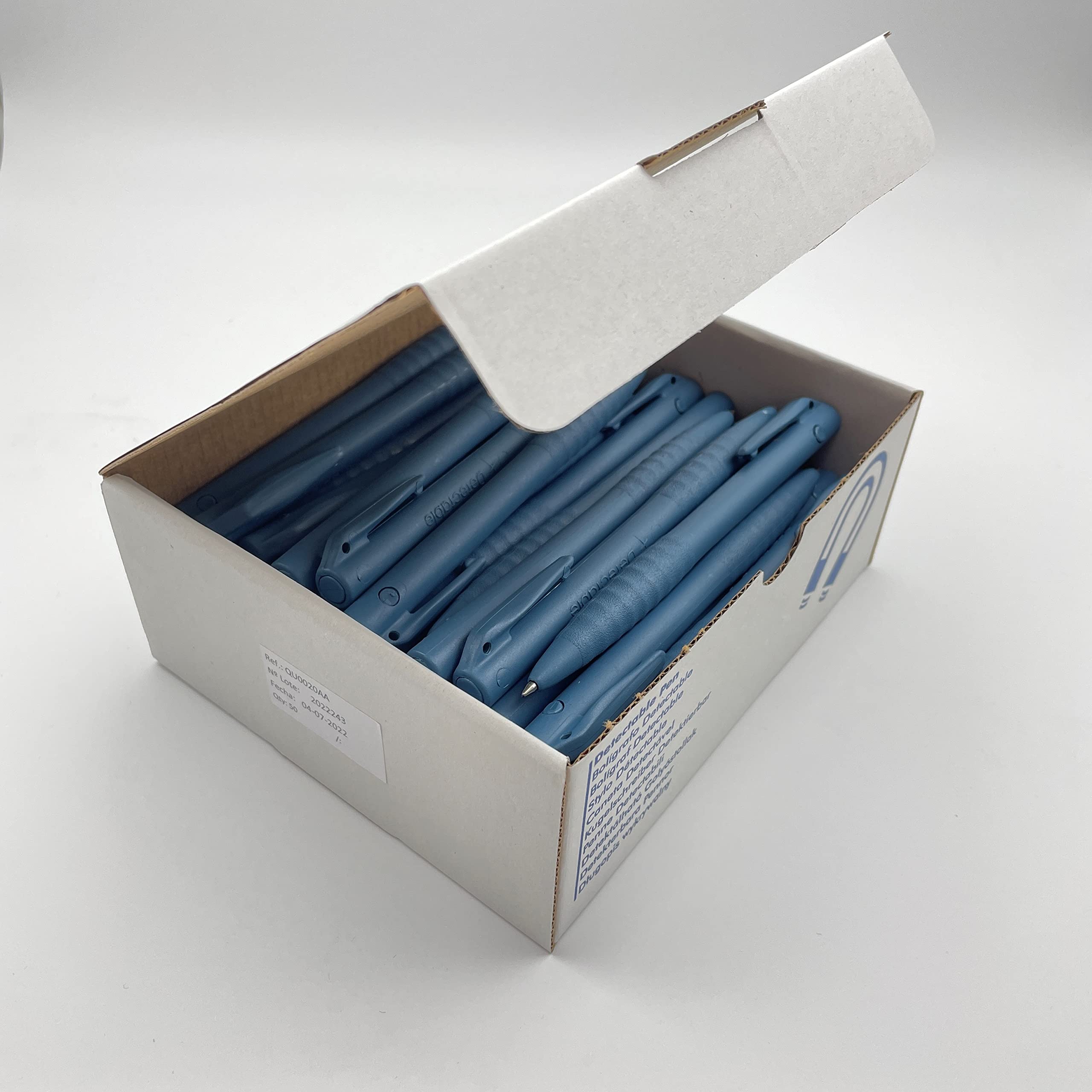 Bolígrafo detectable no retráctil con clip tinta azul, QUASARDP, modelo QU0020AA, apto para industria alimentaria, antideslizante, ergonómico. Pack 50 unidades