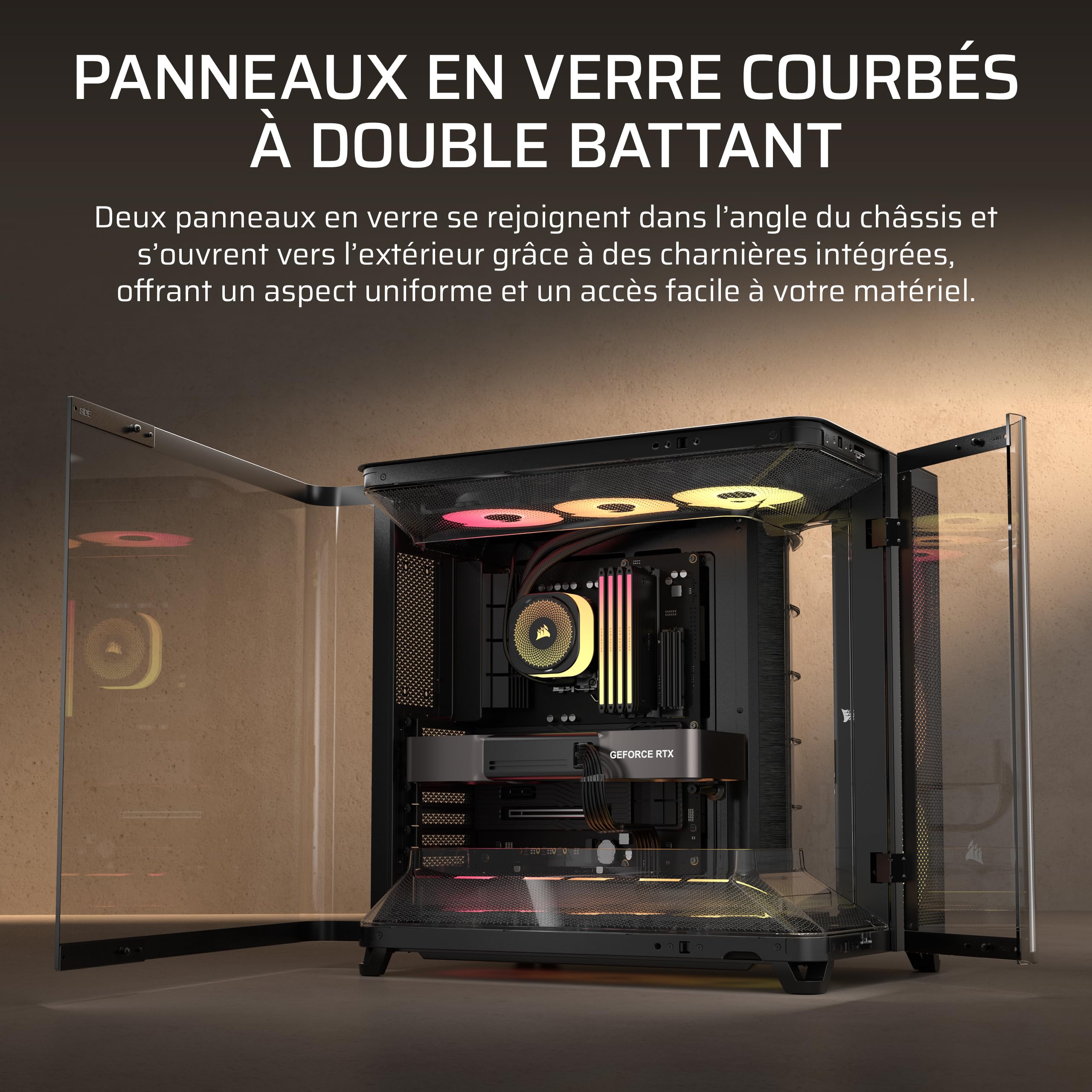 CORSAIR AIR 5400 RS-R ARGB Boîtier PC Triple Chambre Moyen-Tour – Noir | 3x Ventilateurs RS-R ARGB Inclus, Panoramique, Chambre Isolée pour AIO 360mm, Compatible Mères À Connexion Inversée