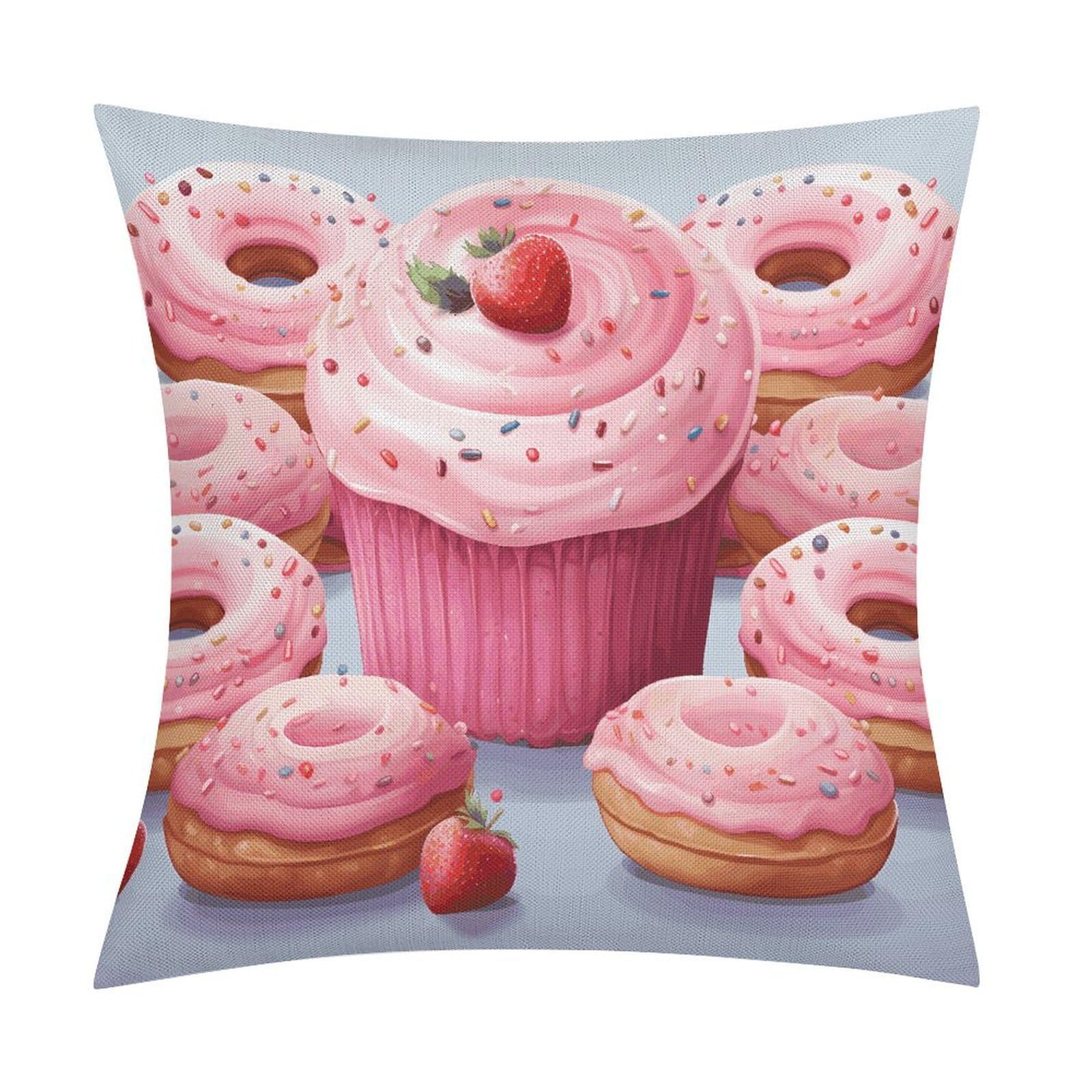 LZQPOEAS Pink Donut and Cupcake Throw Pillow Covers, Waterproof Faux Linen Pillow Cases with Invisible Zipper, Decorative Square Cushion Covers for Sofa Couch Living Room Bedroom 18x18 Inch