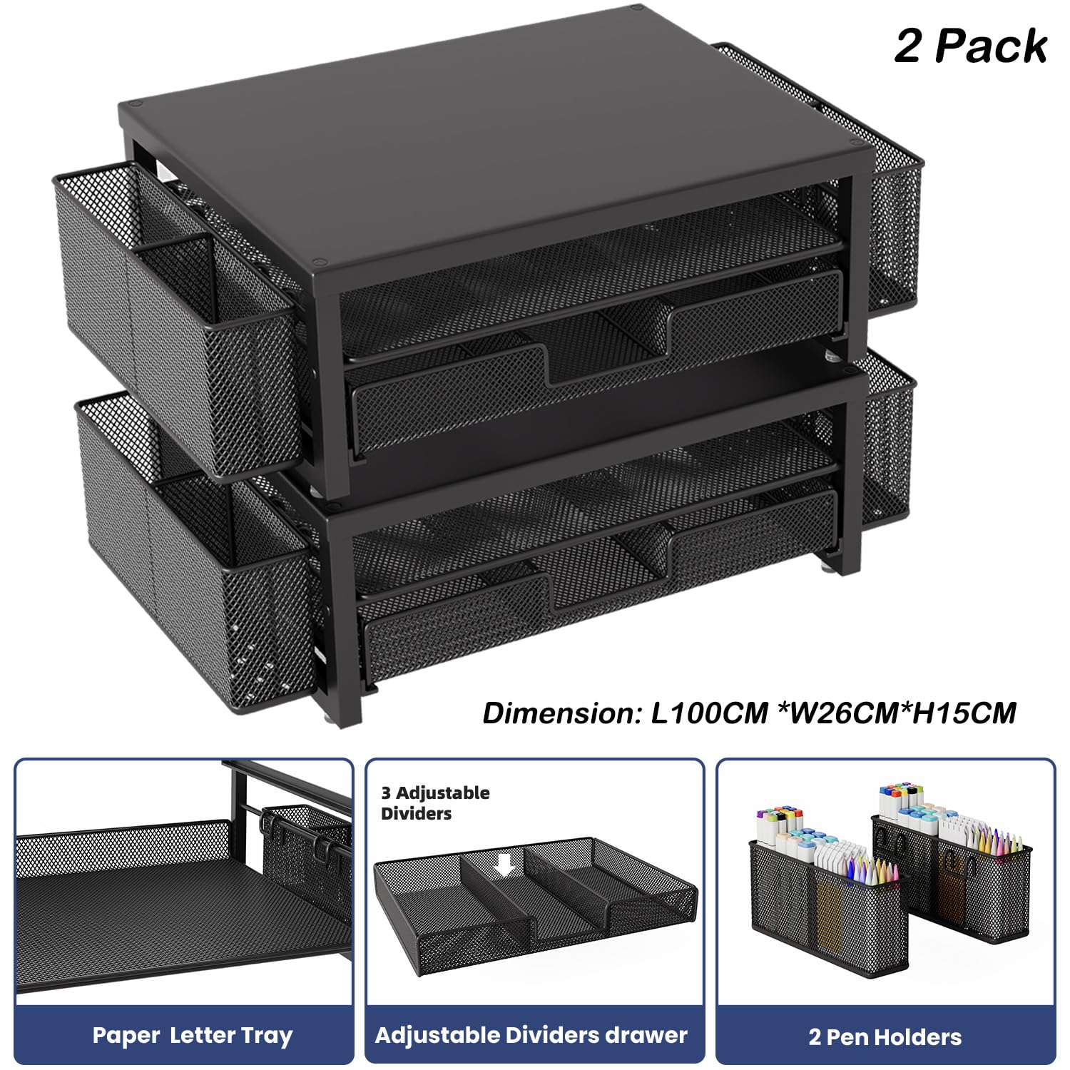 Supporto per monitor in metallo con cassetto e 2 portapenne, per scrivania, accessori da scrivania e supporto per schermo del computer, per stampante (nero) (confezione da 2)