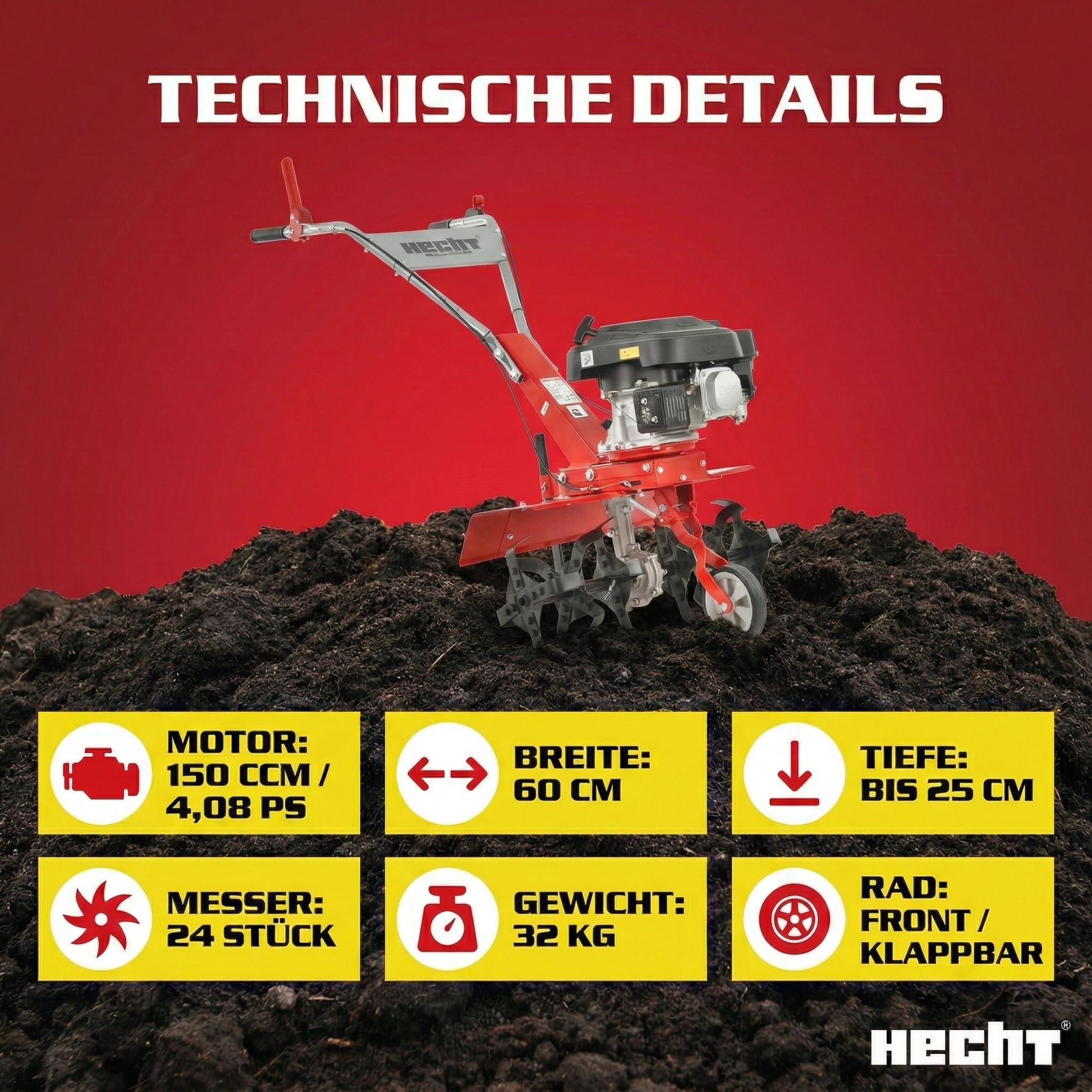 HECHT Benzin Motorhacke 4,08 PS - mit 60 cm Arbeitsbreite – 4 Takt Motor – 24 Harte Messer – Bodenfräse – Gartenhacke – Kultivator – zum Boden umgraben und lockern - Gartenfräse Benzin