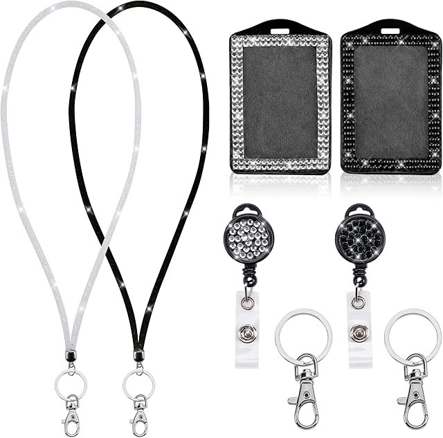 Badge Holder 2 Sets Bling ID Card Holder with Rhinestone Retractable Badge Diamond Reel Crystal Keychain Neck Lanyard Lobster Clasp Key Ring for Christmas Gift(Black,White)