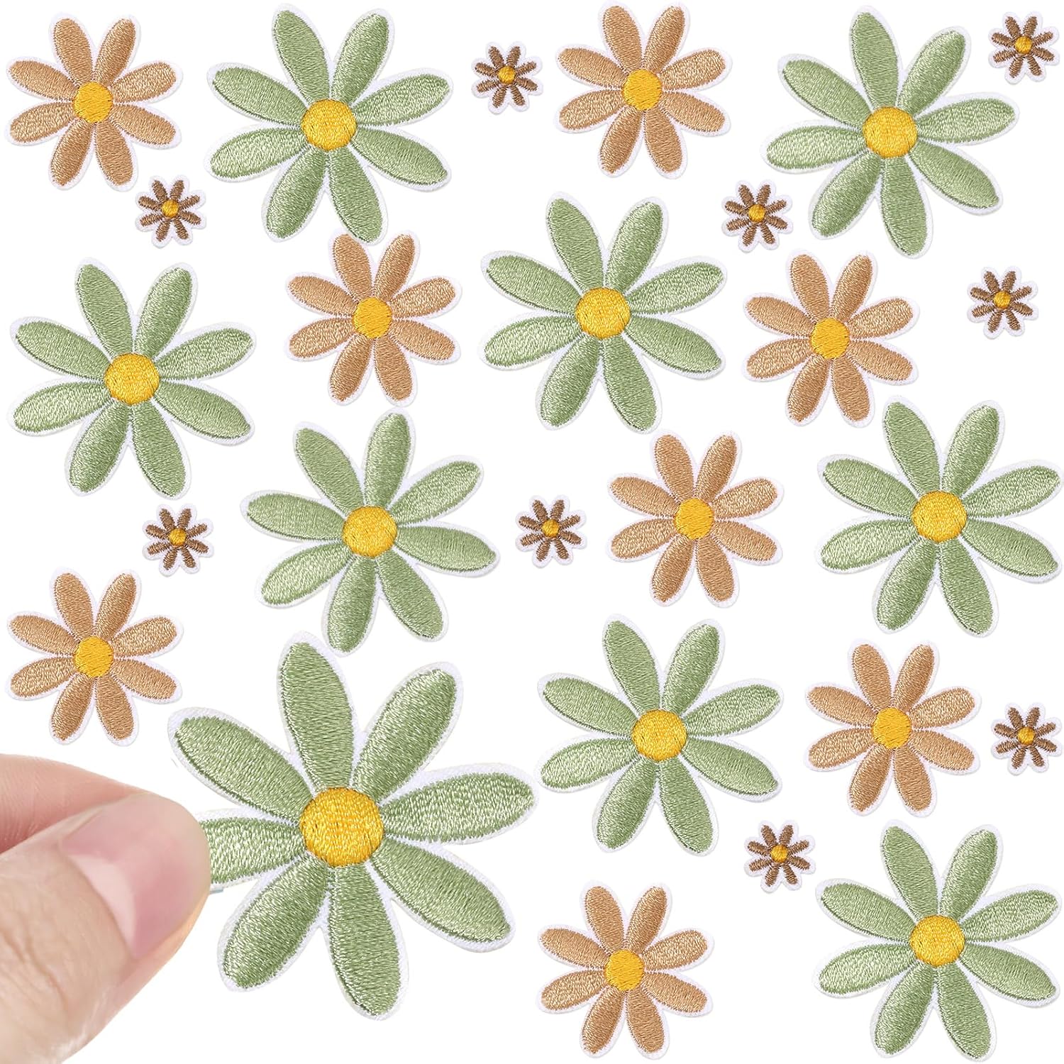 Lyrow 24-Pack Daisy Flower Iron-On Patches, 3 Sizes Brown Green Beige Embroidered Appliques for Clothes Bags Hats Backpacks DIY Crafts